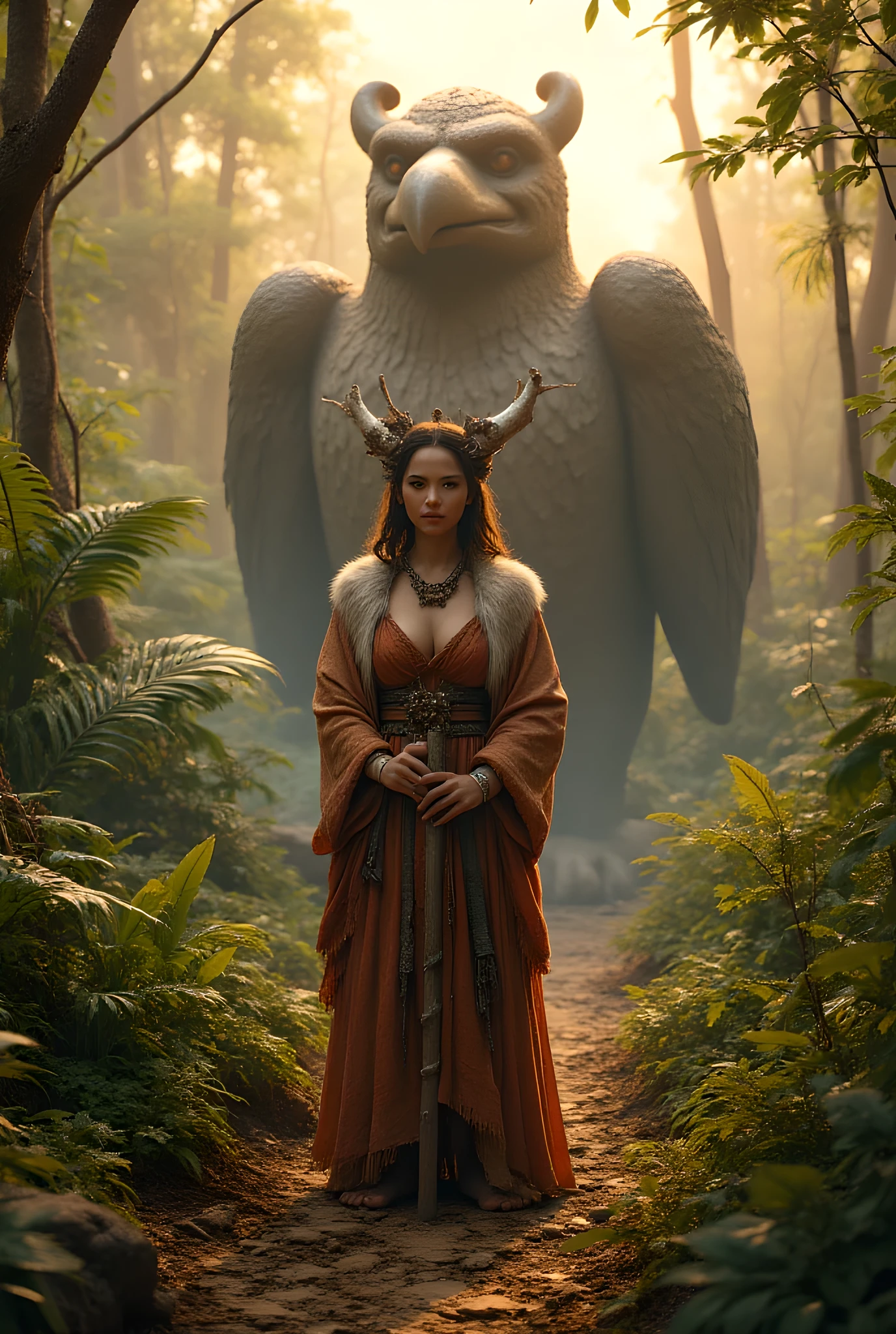 Ancient prehistoric age era, 

((Realistic cinematography ultra wide depth intricately tropical jungle angle of  scenery)),prehistoric rite,((a primitive female folk priestess sage)),wearing fully long fur primitively fabric kimono fur long dress,ritual,as she is worshipping a big prehistoric stone garuda figure,(prehistoric religion),(perfectly depth symmetrical curvy shapely),(cinematic dynamically  cinematic camera angle scenery:accurately depicted:1.3),the lively prehistoric rite depicting scenery,golden hour,realistically full depth,(cinematography dynamic angle|hyperrealistic:realistic scenery:3d texture over the scenery),she is holding bone ornament staff,summer season,(cinematography vibe),,(dynamic image composition),(octane 3d rendering|50mm lens shot:1.3),(lifelike skin texture:lifelike thick hairs:bone hair ornaments),(best rule of third photography composition),(best image aperture),(full details depth of field),(best shutter speed),(RAW photo image),(photorealistic|photorealism:hyperrealism style),(realistic depth 3d:cgi:1.3),(trending on cgsociety:devianart:unreal engine 5),furry,(best photography:national Geographic style), fantasyPunkAi and tikiPunkAi artwork, digital art,best lighting concept,(realistic fixed truly fully human anatomy body+hands+and+fingers anatomical),inspired by farcry5 game artwork.