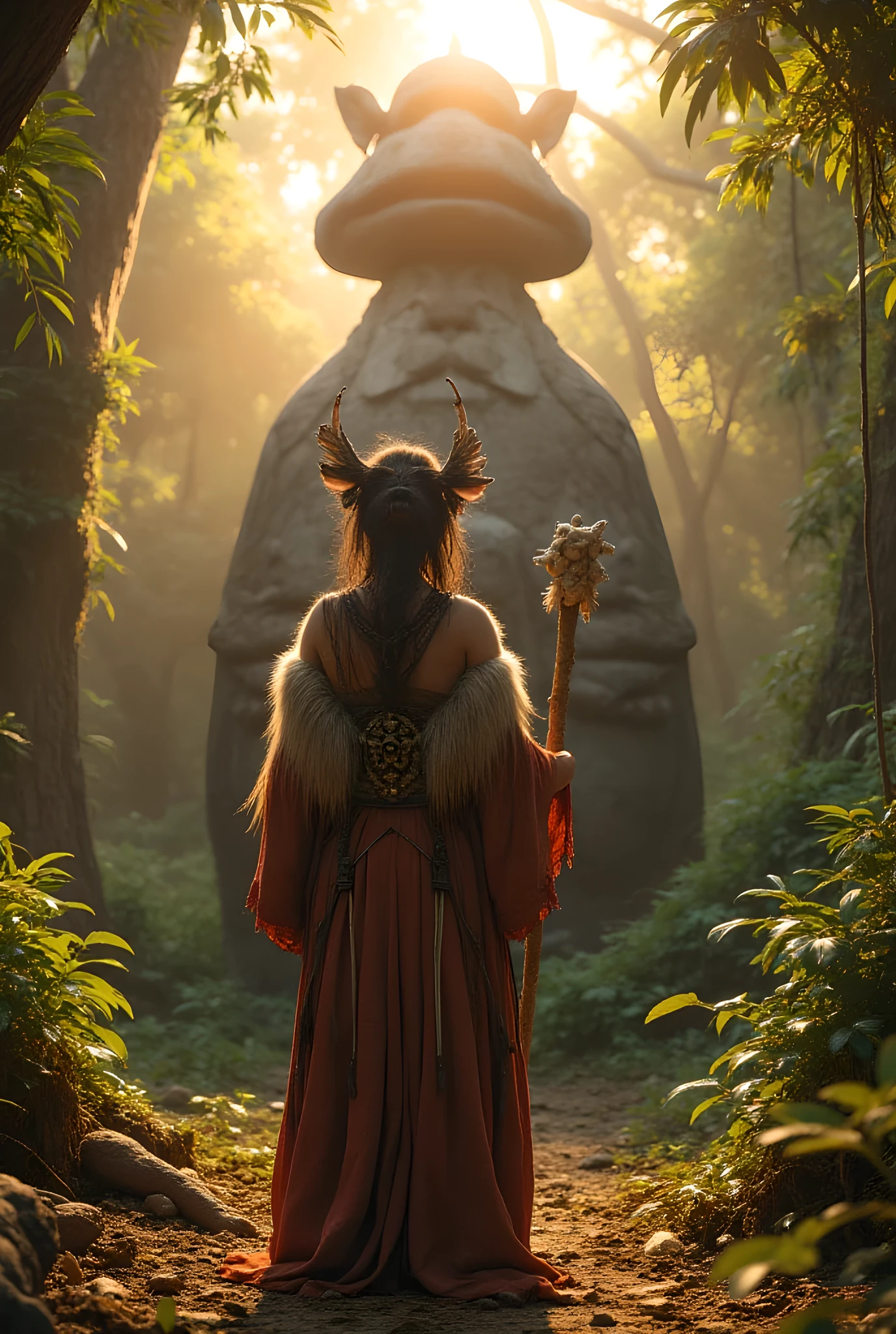Ancient prehistoric age era, 

((Realistic cinematography ultra wide depth intricately tropical jungle angle of  scenery)),prehistoric rite,((a primitive female folk priestess sage)),wearing fully long fur primitively fabric kimono fur long dress,ritual,as she is worshipping a big prehistoric stone garuda figure,(prehistoric religion),(perfectly depth symmetrical curvy shapely),(cinematic dynamically  cinematic camera angle scenery:accurately depicted:1.3),the lively prehistoric rite depicting scenery,golden hour,realistically full depth,(cinematography dynamic angle|hyperrealistic:realistic scenery:3d texture over the scenery),she is holding bone ornament staff,summer season,(cinematography vibe),,(dynamic image composition),(octane 3d rendering|50mm lens shot:1.3),(lifelike skin texture:lifelike thick hairs:bone hair ornaments),(best rule of third photography composition),(best image aperture),(full details depth of field),(best shutter speed),(RAW photo image),(photorealistic|photorealism:hyperrealism style),(realistic depth 3d:cgi:1.3),(trending on cgsociety:devianart:unreal engine 5),furry,(best photography:national Geographic style), fantasyPunkAi and tikiPunkAi artwork, digital art,best lighting concept,(realistic fixed truly fully human anatomy body+hands+and+fingers anatomical),inspired by farcry5 game artwork.