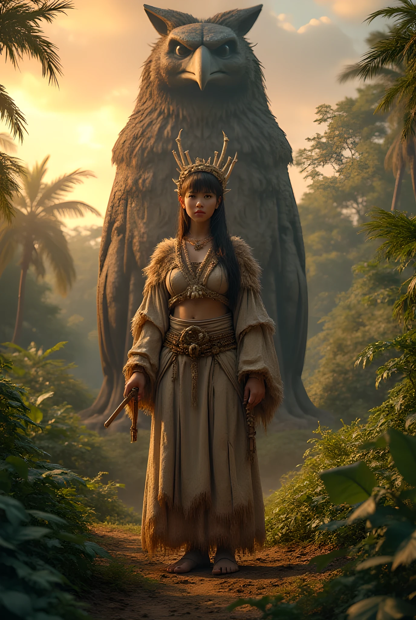 Ancient prehistoric age era, 

((Realistic cinematography ultra wide depth intricately tropical jungle angle of  scenery)),prehistoric rite,((a primitive female folk priestess sage)),wearing fully long fur primitively fabric kimono fur long dress,ritual,as she is worshipping a big prehistoric stone garuda figure,(prehistoric religion),(perfectly depth symmetrical curvy shapely),(cinematic dynamically  cinematic camera angle scenery:accurately depicted:1.3),the lively prehistoric rite depicting scenery,golden hour,realistically full depth,(cinematography dynamic angle|hyperrealistic:realistic scenery:3d texture over the scenery),she is holding bone ornament staff,summer season,(cinematography vibe),,(dynamic image composition),(octane 3d rendering|50mm lens shot:1.3),(lifelike skin texture:lifelike thick hairs:bone hair ornaments),(best rule of third photography composition),(best image aperture),(full details depth of field),(best shutter speed),(RAW photo image),(photorealistic|photorealism:hyperrealism style),(realistic depth 3d:cgi:1.3),(trending on cgsociety:devianart:unreal engine 5),furry,(best photography:national Geographic style), fantasyPunkAi and tikiPunkAi artwork, digital art,best lighting concept,(realistic fixed truly fully human anatomy body+hands+and+fingers anatomical),inspired by farcry5 game artwork.