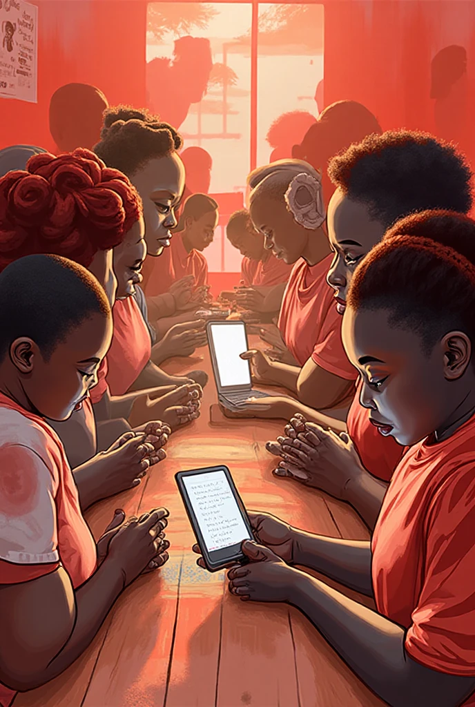 An inspiring image showing diverse people (youth, women, people with disabilities) using adapted digital tools: braille screen, smartphone, laptop. Positive and inclusive atmosphere, red and white colors. I want a more realistic image of Africans.