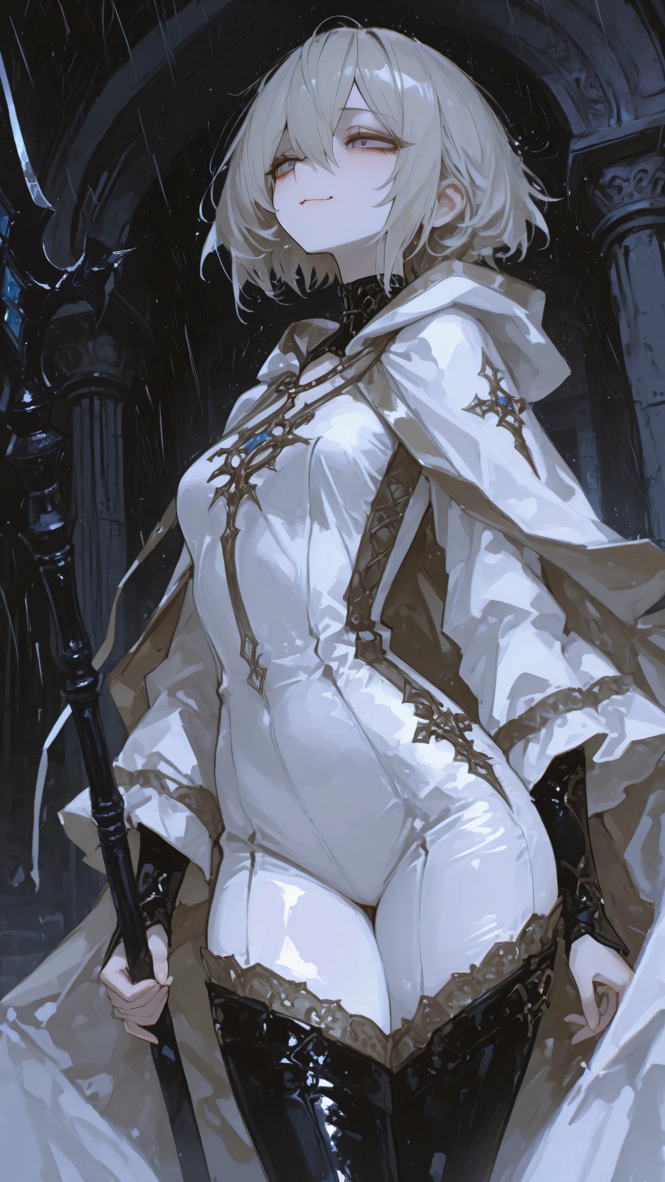 Top image, ultra-high resolution, PERFECT DETAILS, Insanely beautiful female warrior, Pale skin brings out the magical beauty, Messy black short hair, ((Light blue eyes full of sarcasm,)) Slender and well-proportioned figure, White robe outlines beautiful curves, Black leather decoration, Platinum cape flying in torrential rain, (Holding a beautiful spear in his hand), , a distorted smile hides a deep sense of sadness, Dark Fantasy Ambience