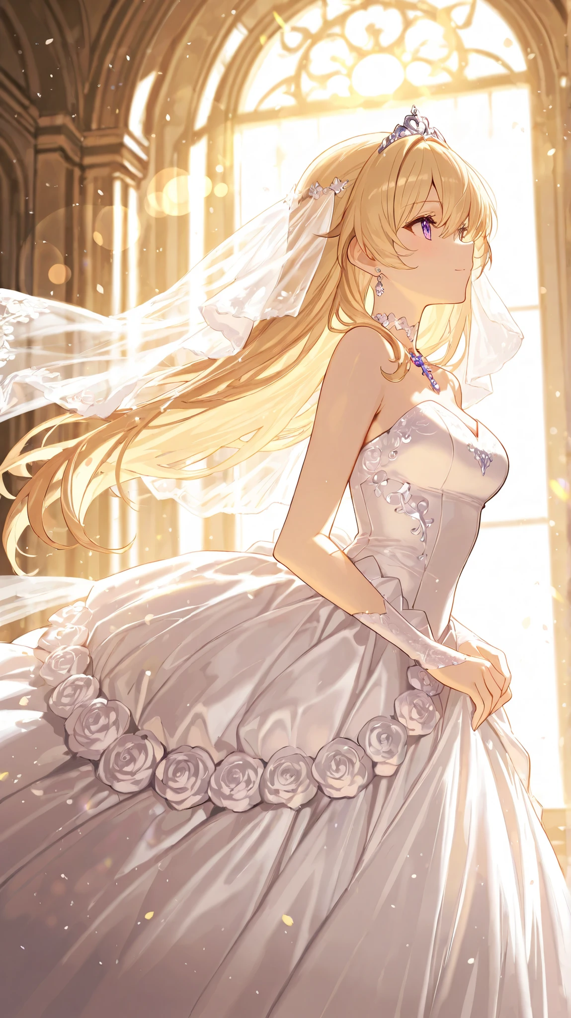 ((Highest Quality)), ((masterpiece))  Wedding Princess Dress, light, lens flare,  Whitechapel, romantic