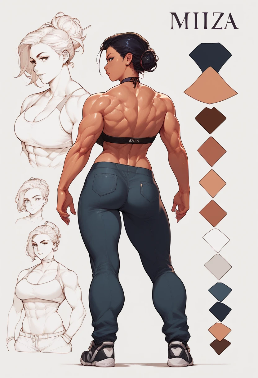 digital art, highly detailed, reference sheet in multiple angles, sexy pose, feminine features, mature woman, adult female, muscular figure, abs, strong biceps, strong thighs, whole body, bald, form-fitting, tank-top, hoodie, yoga pants, shoes, 1woman, solo, upper body, lower body, ((Extremely Detailed)), ((Best Quality)), ((Masterpiece)), ((4k)).
