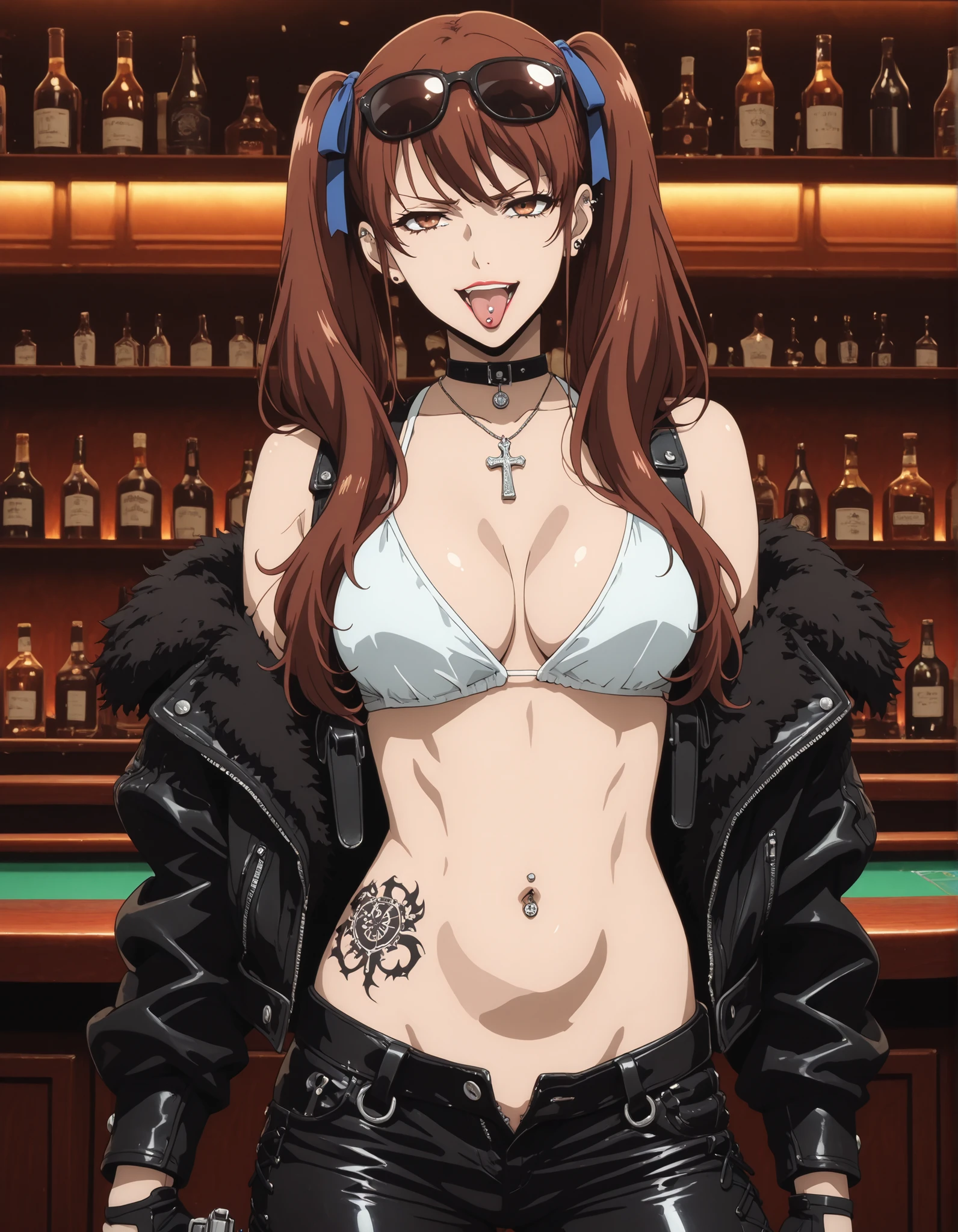 akazawa izumi, brown hair, long hair, twintails, blue hair ribbon, brown eyes,   ear piercing, long hair, lipstick,Hot girl, baddie, smoking, sensual, attractive , choker, ,cross necklace,, source_anime, rating_safe,bar background, inside bar ,indoors, , casino, , fur jacket ,  shoulders , white fur , , , leather pants , dark brown , fur , side inserts , belt , weapon holder , weapon , fingerless gloves , leather , forearms , sword , short , strapped , belt , cowboy shot , masterpiece , best quality , highly detailed , a girls with a gun , evil smile , open mouth ,  gaze , badass pose , evil smile , smile , ()  , guns blazing , anime girl with long hair , beautiful long haired girl , navel , evil expression , exposed belly , exposed navel , exposed midriff , exposed lower belly , long black pants , cleavage , unbuttoned leather pants , open fly , low rise black leather pants , leather jacket , holding a gun , holding pistol , unbuttoned shirt , collared shirt , knot , pull_down leather pants , (show off panties , :1 . 2 , no panties) , pull_down long black pants , pull_down black leather pants , zip up leather jacket ,  top , navel piercing , cross-laced slit , tongue piercing , tongue out , open mouth ,  ,, , shoulder holster,, sunglasses on head ,medium   ,looking at viewer , dragon tattoo on waist, narrowed eyes, tattoo on waist, anipai_style , anime screencap , anime coloring, v-shape eyebrows,,