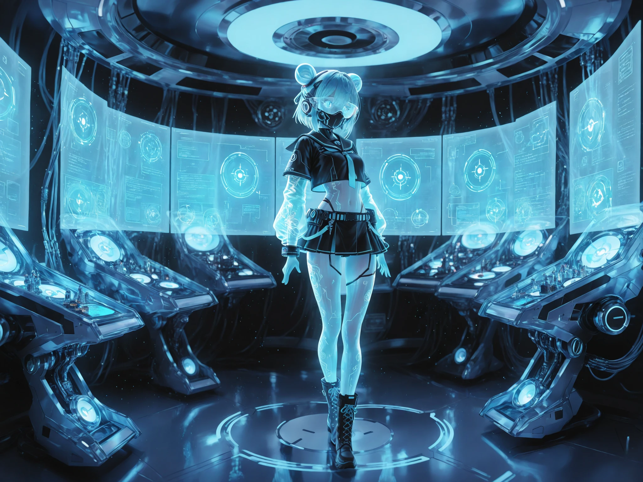The interior of a futuristic cyber laboratory. In the center is a large circular sci-fi device glowing blue, surrounded by advanced technology, digital elements, wires and holographic panels. In the center of the circular device is a 3D holographic projection of a character in a designated pose, transparent, luminous, and made of light particles. Characters are projected as digital avatars. 3D holographic projection of a cyber style girl standing quietly facing front, wearing a mini skirt and high cut boots, transparent neon outline:1.2. No underwear visible.