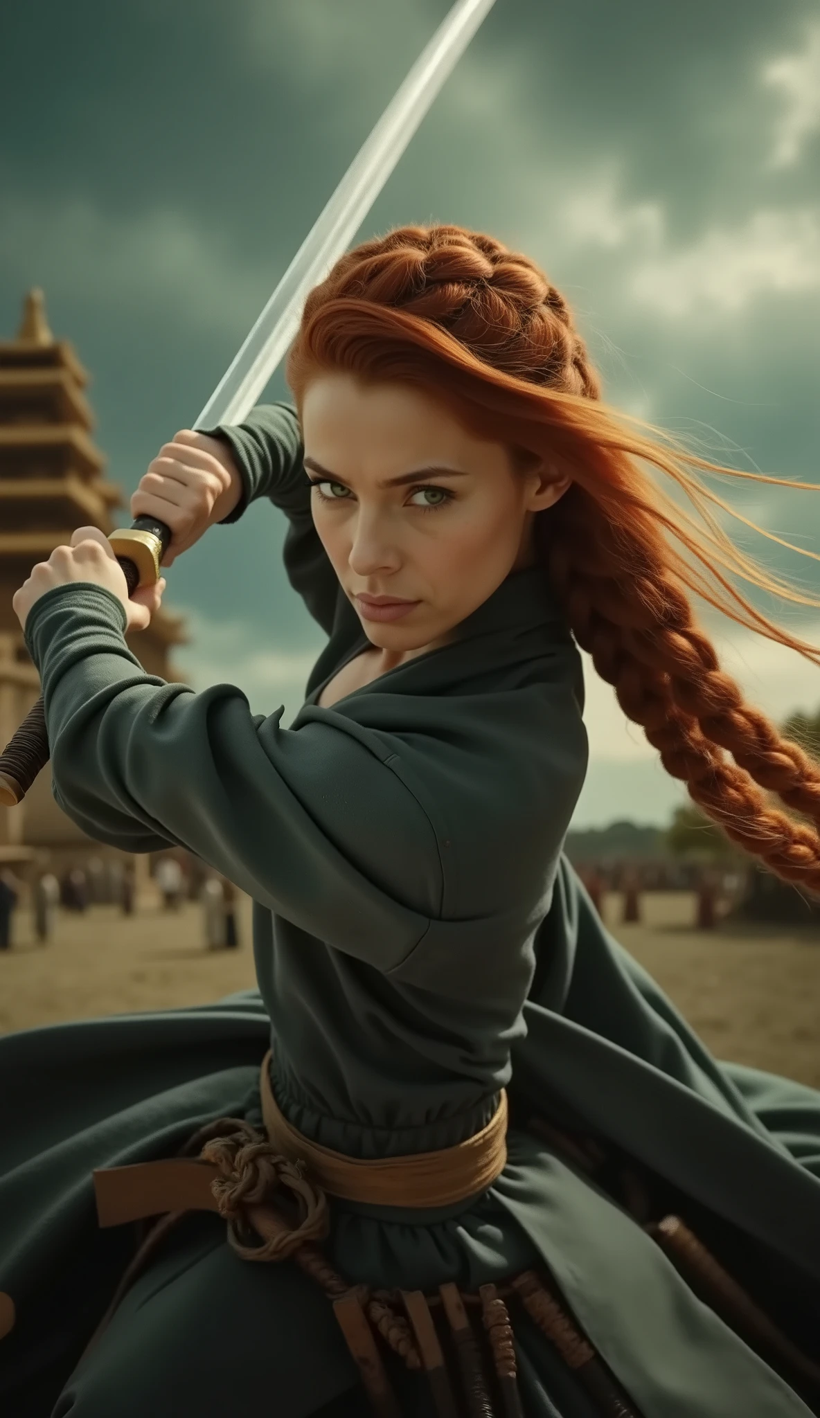 (((Perfect Body, mains parfaites, Perfect feet))), Action Movie Style, Very intense action scene, (Masterpiece), (best quality), (high level details), very beautiful, illustration, realistic illustration, Perfect Composition, Intricate Details, ความละเอียด tallมาก, (Distorted view of the fisheye lens, Masterpiece, :1.1), (โซลูชั่นde prise de la meilleure quality, Sensitive texture high, specific details:1.1), (4K),(Incredibly accurate:1.1), score_9, score_8_ tall, score_7_ tall, Masterpiece, Source_Distorted view of the fisheye lens, ciel, OUTSIDE THE BREAK BACKGROUND
Vibrantly visible from the undercarriage of the year (((Beautiful woman with long reddish braided hair))), small Crown on the head, green eyes, unhappy, sad, dark grey kimono, (((sword fight with two samurai soldiers))), ((( Fierce battle scene))), with a palace under the stormy sky in, (woman fighting against 2 samurai soldiers:1.8). swords cross twinkling.
