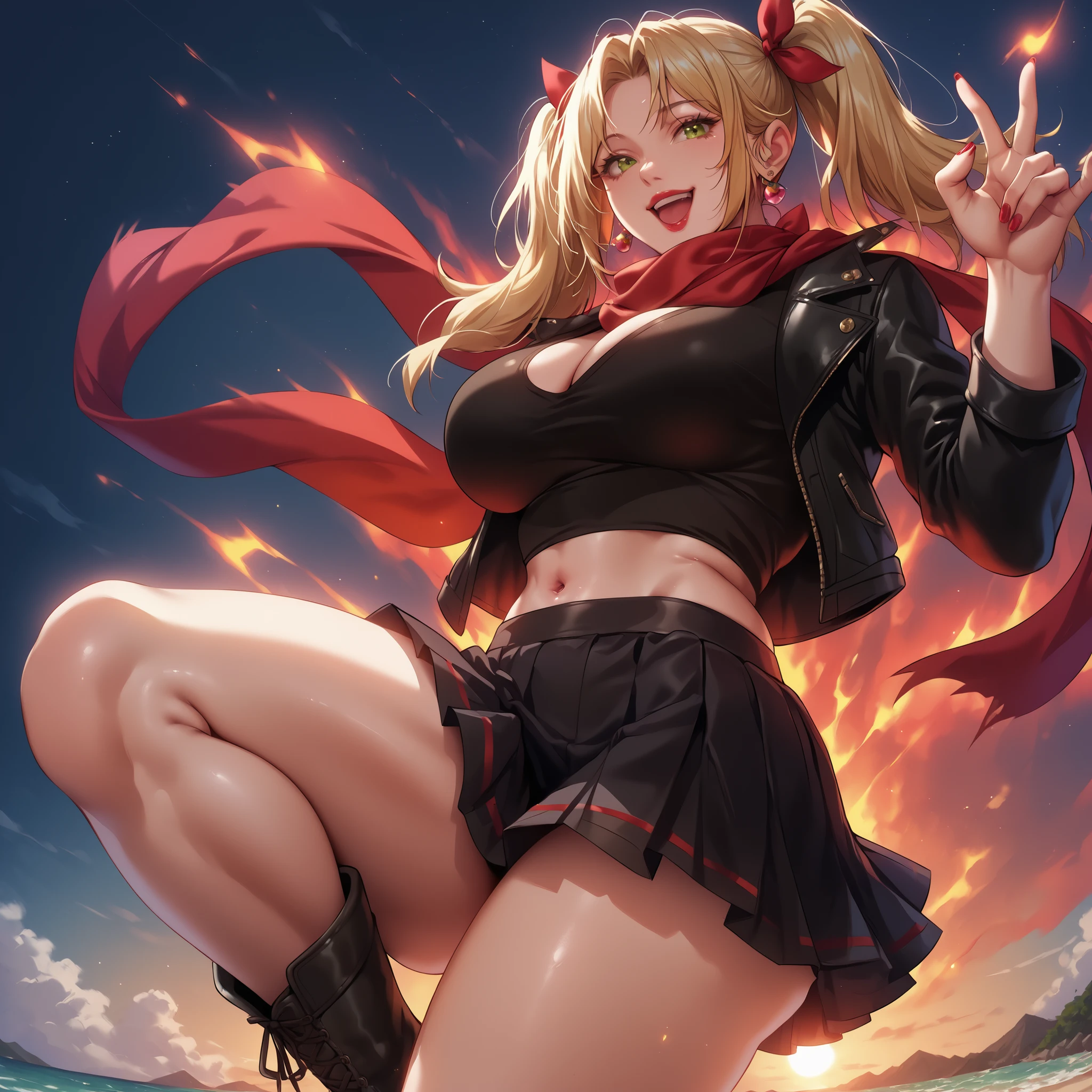 perfect hands, five fingers on each hand, blonde, twintails, ribbons, green eyes, black top, , happy, high energy, red lips, leather jacket, pleated skirt, black skirt, thick thighs, young woman, red scarf, exposed navel, curvy, boots, beachside, seaside village, cute pose, young energetic woman, red nails, wide , dutch angle, low angle, raising one knee, shorts beneath skirt, shorts underneath skirt, standing on one leg,