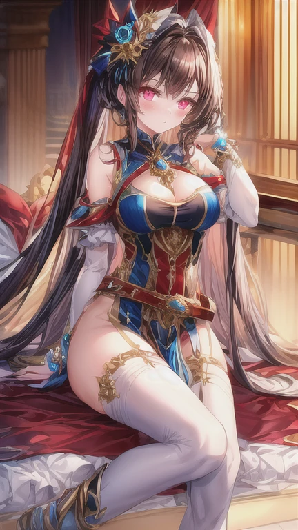 (highest quality,Super detailed),1 girl,beautiful face,Gorgeous long hair,fine eyes,lip details,fascinating look,provocative pose,sheer costume,playful smile,bright colors,bright flowers in the background々,Fantasy Lighting,enchanting atmosphere,traditional painting style