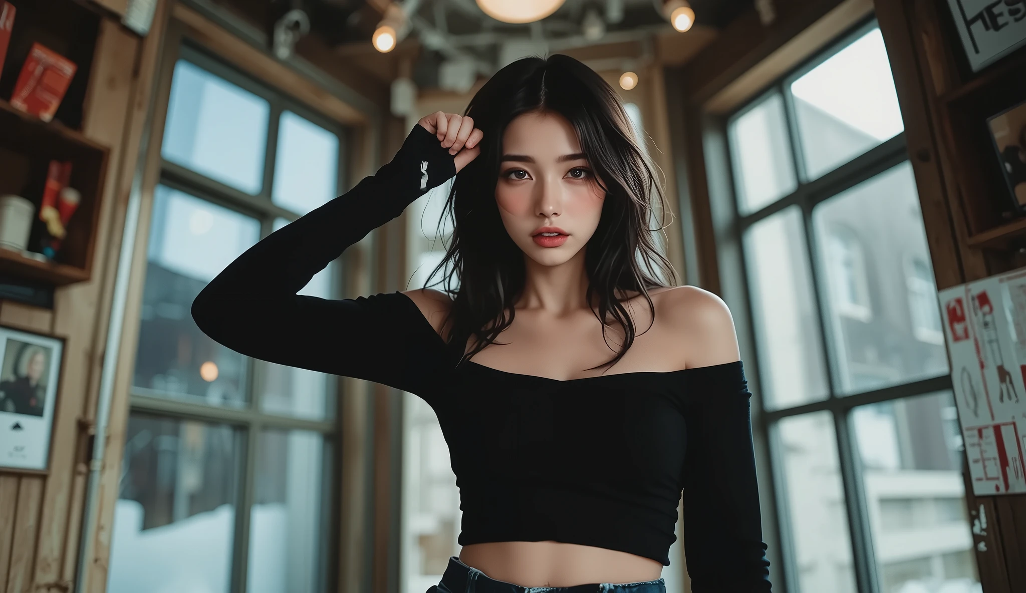 one woman、solo、Best Quality, perfect depiction,Stand up and point your right hand in the shape of a gun at the viewer,Upper Body Shots, dark corner shot, black long sleeve top with open shoulders, Stylish Damaged Denim, ,Boundary of Darkness, The Formative Beauty of Shadows, Tight Air, Monochrome color tone, Artistic Shadows