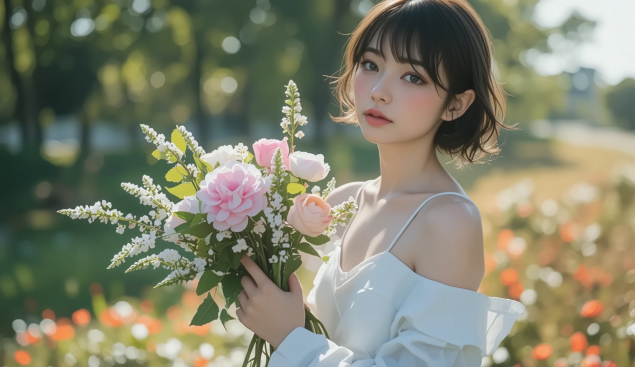 Super Quality, Artistic, Japanese woman wearing a white camisole dress with a big bouquet,natural bangs、