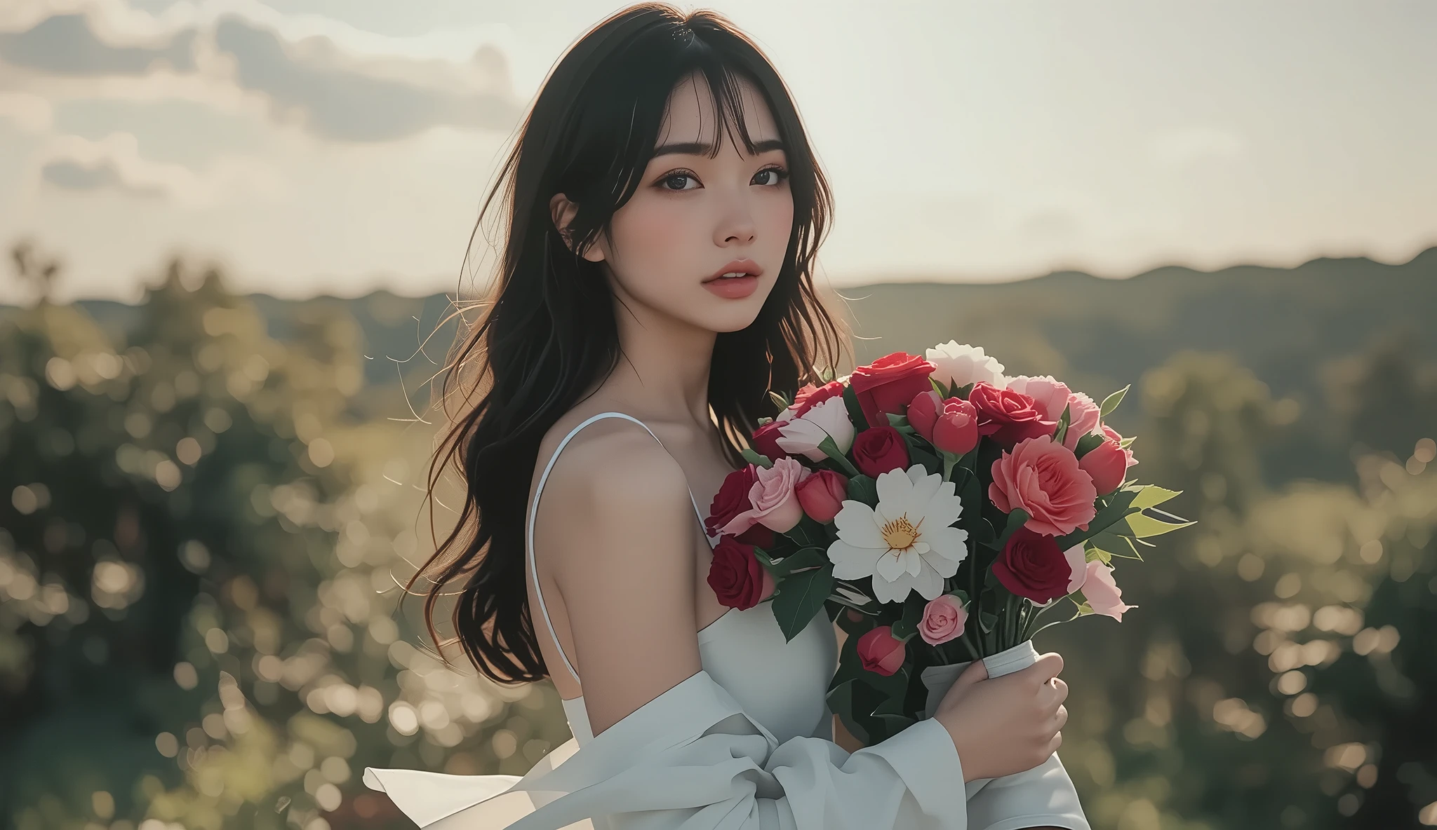 Super Quality, artistic, Japanese woman wearing a white camisole dress with a big bouquet,natural bangs、
