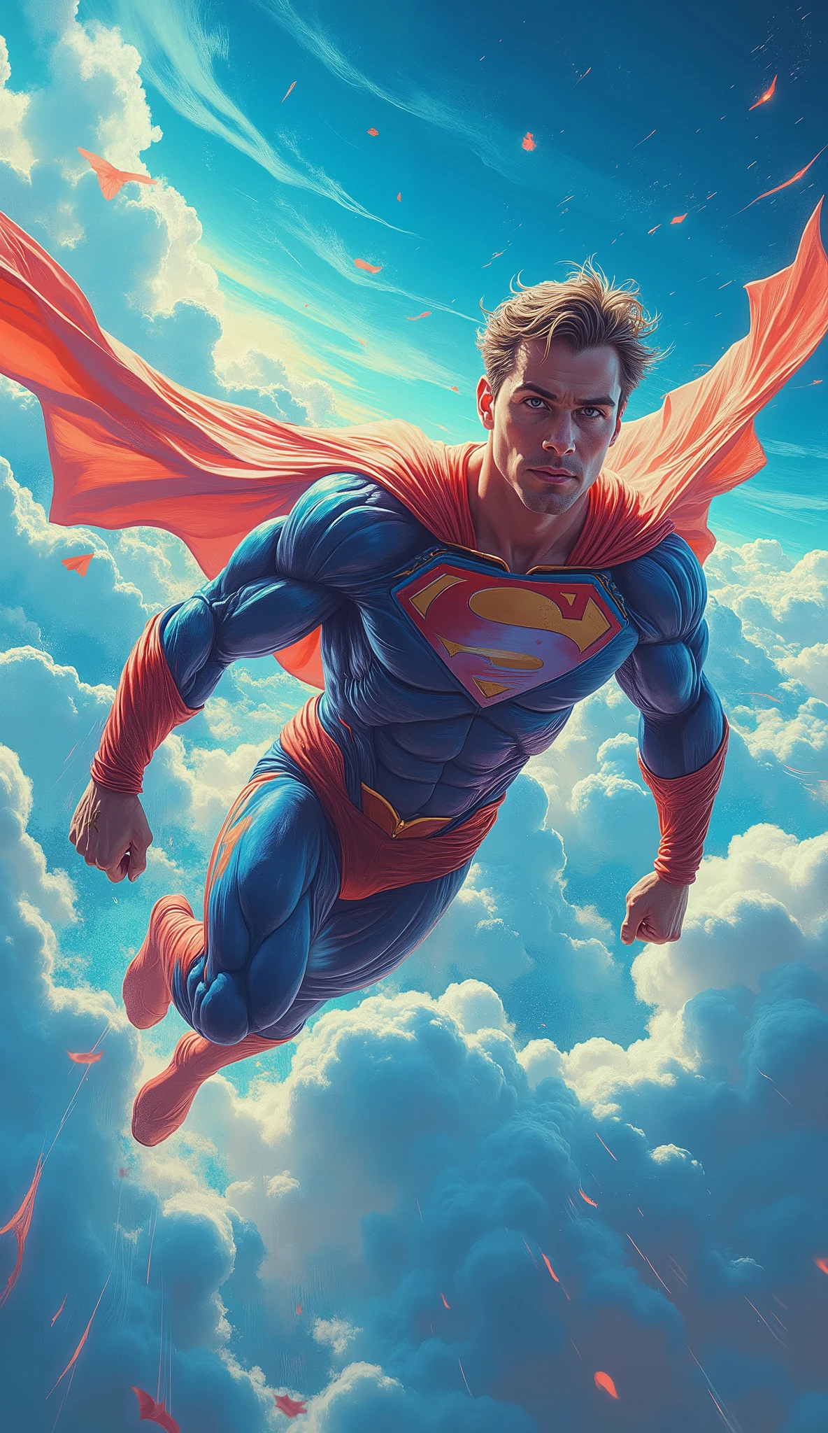 Handsome man flying up to the blue sky like Superman