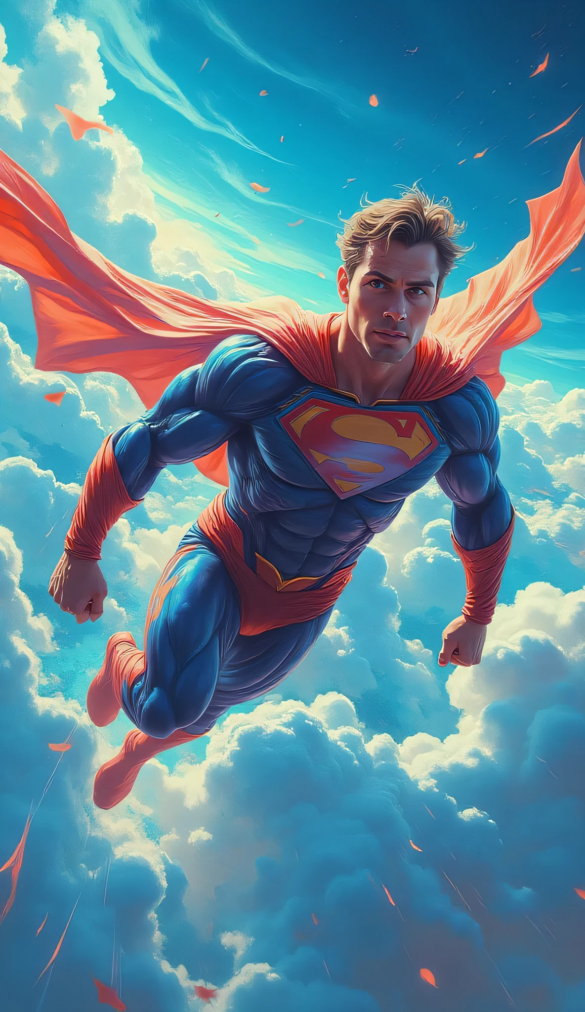 Handsome man flying up to the blue sky like Superman