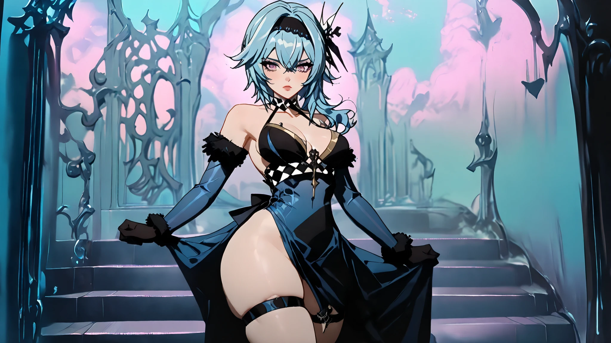 Eula \(genshin impact \) A beautiful woman standing on a set of stairs against a backdrop of pastel clouds. the girl is positioned in the middle of the image, wearing a long, blue dress with a black and white checkered scarf around her neck. she has blue hair and is standing with her arms stretched out in front of her. her expression is neutral, and she appears to be looking down. the background is a gradient of soft pastel colors, including blue, green, and white, with a few fluffy clouds scattered throughout. the stairs are white and have a simple, minimalist design. the image is framed by a black rectangular frame, which is placed on top of the girl's head. the overall effect is a surreal and dreamlike scene, with the girl standing out against the soft and dreamy clouds. 1girl, solo, unrivaled beauty, snowing, steaming body, Ice queen,Ice World, young seductress, fur trim, light blush, blue hair, hair between eyes, sidelocks, hairband, medium hair, messy hair, black hairband, purple eyes, gradient eyes, douyin eyes, multicolored iris, dark lashes, eyelashes, eyeliner, hair ornament, backless outfit, strappy heels, shoulders, revealing clothes, stretching, collarbone, earrings, gold trim, thigh and calf lines, skin tight, thigh strap, , shiny skin, porcelain skin, whole body, wide , , pointed toes, juicy lips, beautiful body, curvy, inexpressive, Dynamic Poses, beautiful girl, beautiful body, beautiful eyes, beautiful face, beautiful hair, clothing texture, beautiful face, beautiful girl, beautiful body, beautiful hair, detailed eyes, Masterpiece, very aesthetic, perfect composition, intricate, (highly detailed), ((Best quality :1.2)),((Detailed :1.5)),((Detailed background :1.5)). (HD eyes:1.4), ((4k,8k,Ultra HD)),