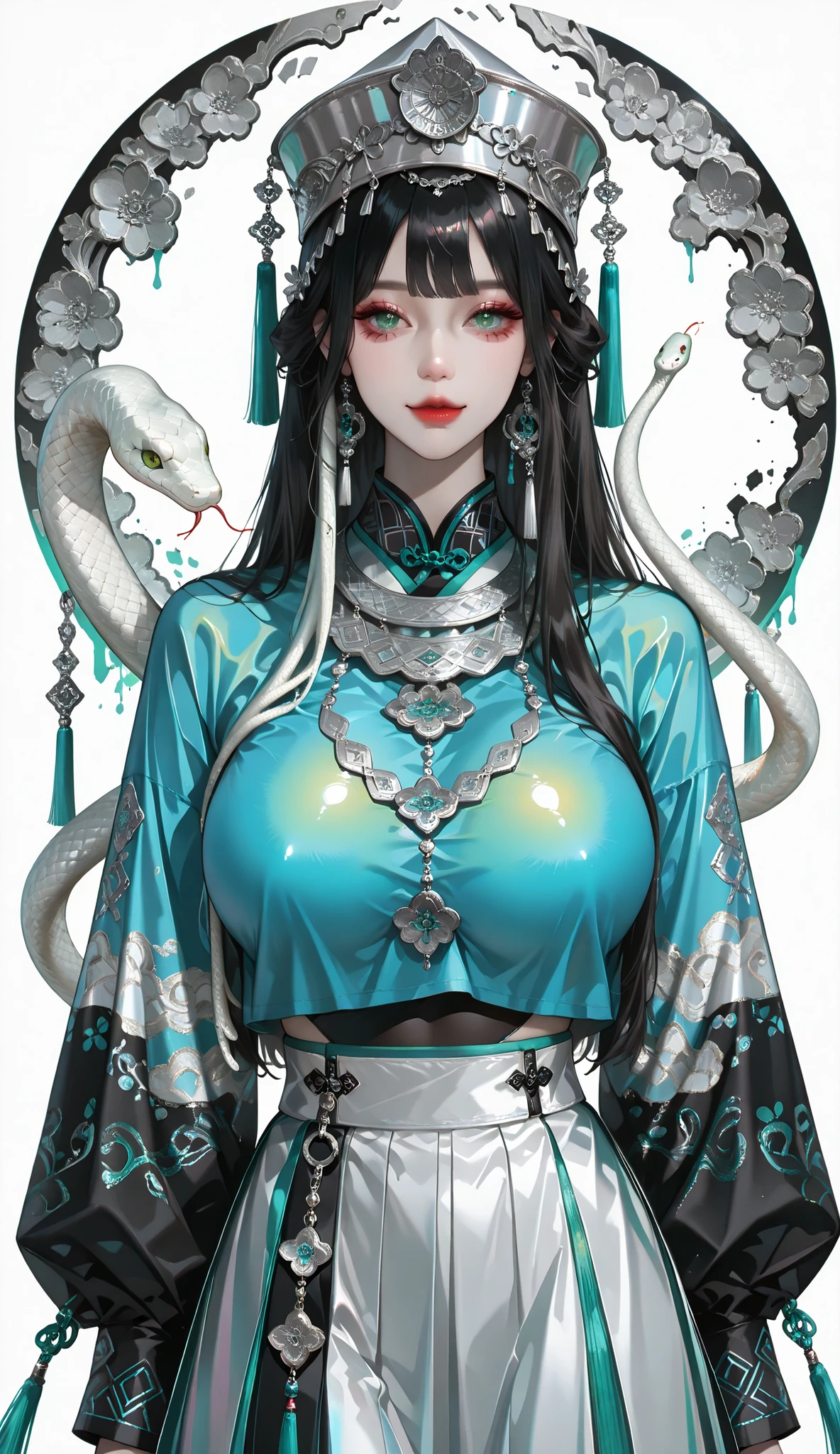 masterpiece, best quality, vibrant, very aesthetic, high contrast, (photorealistic), newest, koreanai, best_quality, finely_detailed_eyes_and_detailed_face, (1 woman), beautiful, pretty, , green_eyes, (:1.3), (skinny),(tall), BREAK, miaofashion, miao_hat, silver_hat, silver_accessories, long_sleeves, miao_clothes, miao_top, blue_top, blue_clothes, miao accessories,colorful_skirt, long_skirt, snake, BREAK, slightly_smile, BREAK, white_background, BREAK,(cowboy_shot), looking_at_viewer, (black_hair, black_hair)