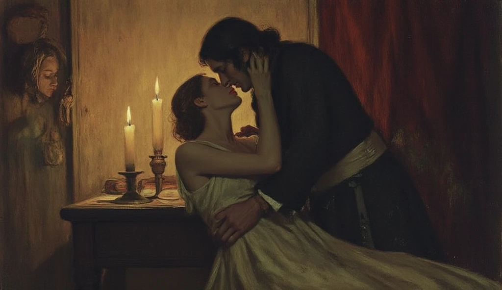 A damsel in distress, scene from a horror film, a beautiful young woman is grabbed  by Count Dracula and bitten in the neck. Old dark castle, Victorian era