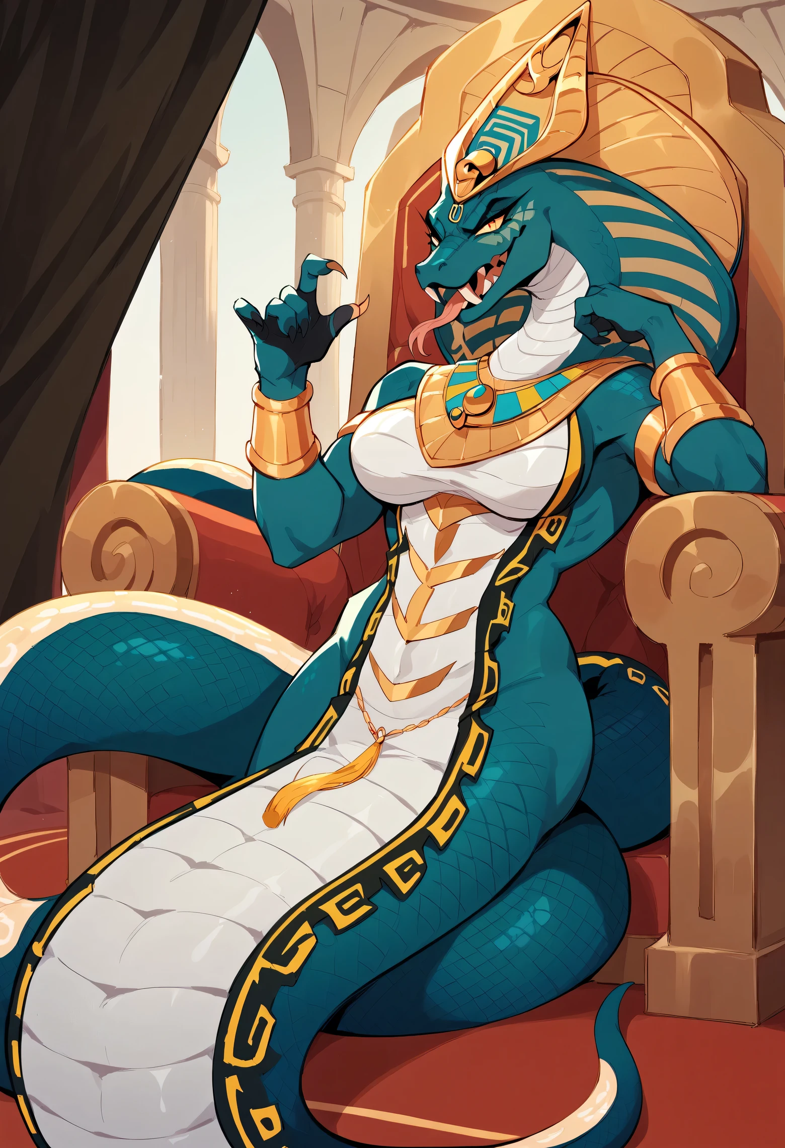(masterpiece, NSFW, uncensored, ultra detail, hi res, 8k, erotic magazine-style photography), sexy naga snake goddess nude seated wide-legged on golden throne inside pyramid chamber, breasts massive and glossy, seductive expression showing snake fangs, tongue out, thick serpent tail replacing legs coiled erotically around throne, glowing hieroglyphs and torches casting dramatic erotic shadows