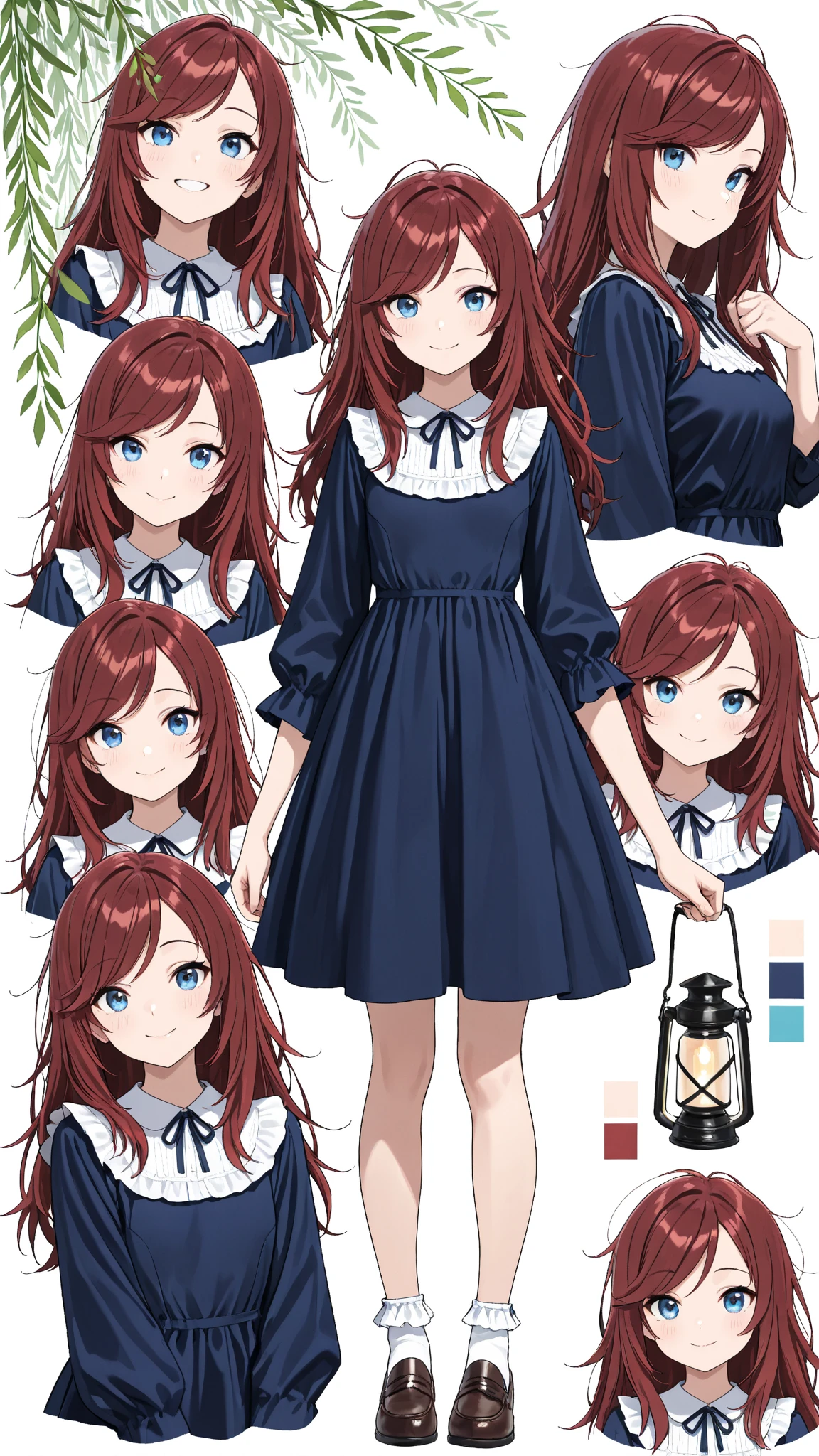 (masterpiece:1.2, Best Quality), (finely detailed beautiful eye: 1.2), (beautiful detailed face, good_hands),  expressionless, different poses, lifeless eyes, tired, upper body, portrait, action pose, holding scythe, black scythe, scythe with dark purple edge, dynamic angle, dark red hair,swept bangs, low twin tails, gray eyes, strapless gray shirt, white frill trim, black trousers, black combat boots, tattered black cloak, willow tree branches, dark background, lantern, small , thin, (color guide:1.2), (multiple views), (full body), dynamic pose,dramatic composition with ink splatter effects, manga style with explosive effect,dramatic lighting, dark purple splash effect,