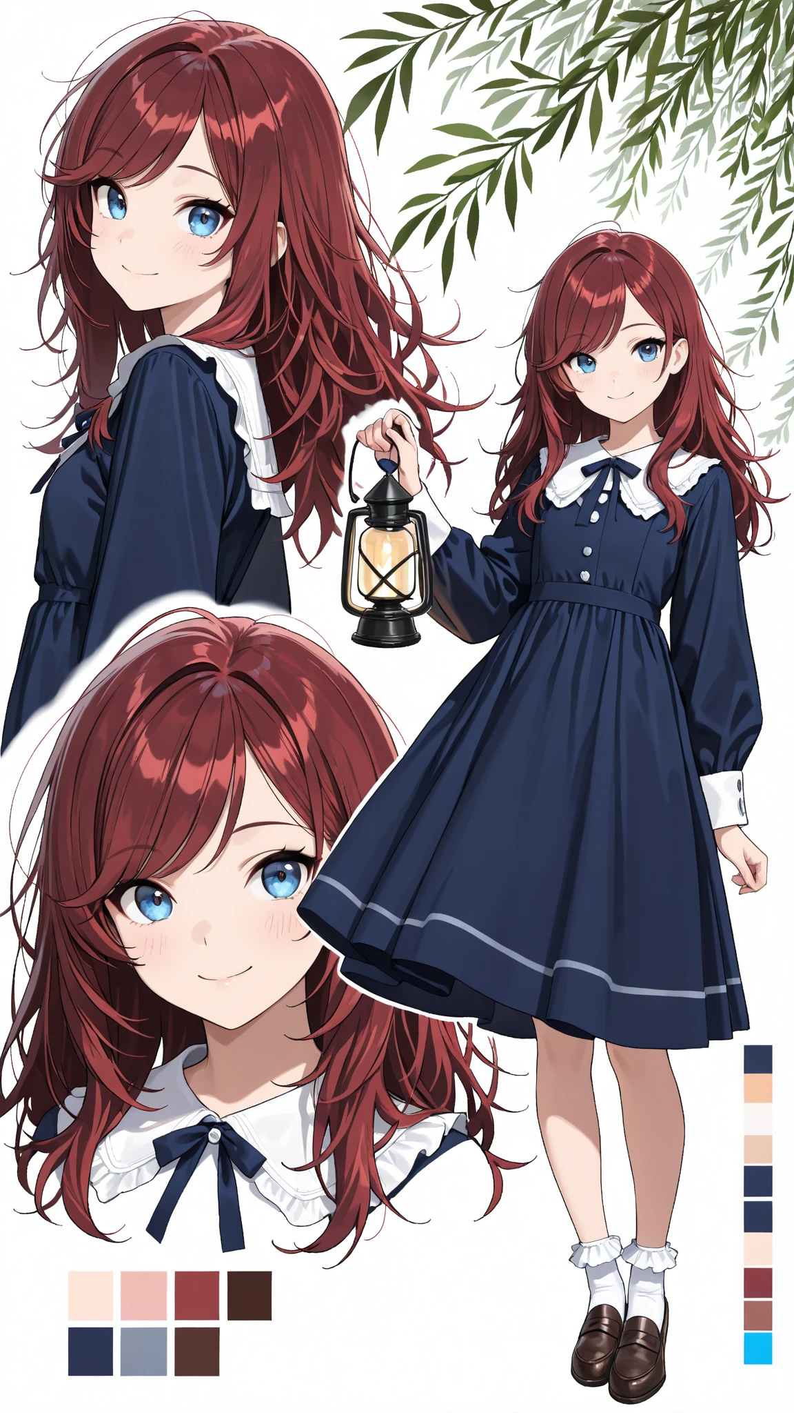 (masterpiece:1.2, Best Quality), (finely detailed beautiful eye: 1.2), (beautiful detailed face, good_hands),  expressionless, different poses, lifeless eyes, tired, upper body, portrait, action pose, holding scythe, black scythe, scythe with dark purple edge, dynamic angle, dark red hair,swept bangs, low twin tails, gray eyes, strapless gray shirt, white frill trim, black trousers, black combat boots, tattered black cloak, willow tree branches, dark background, lantern, small , thin, (color guide:1.2), (multiple views), (full body), dynamic pose,dramatic composition with ink splatter effects, manga style with explosive effect,dramatic lighting, dark purple splash effect,