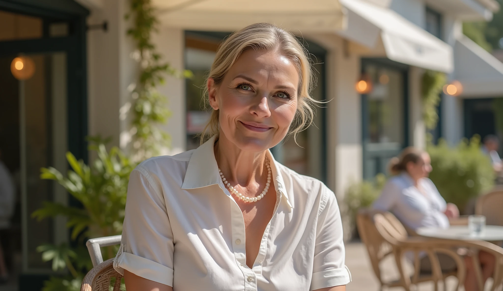 Görsel Promptu: ((RAW Photo)), masterpiece, best quality, (Extremely detailed 8k cinematic film still), ((Elegant medium shot)), the stunning woman (HeatherFlux face, 60 years old) is having breakfast at a small outdoor cafe. She is wearing a ((simple white linen shirt, unbuttoned at the collar)) and a ((single, beautiful pearl necklace)). The morning sun illuminates her face and the soft texture of the linen. She smiles gently. (((Photographic Perspective of her)))
Negatif Prompt: no nudity, no naked, no topless, no bad quality, no blur, no deformity, no ugly, no bad hands, no cartoon, no 3d render, no watermark, no text, no saggy body, no young face, no close-up
