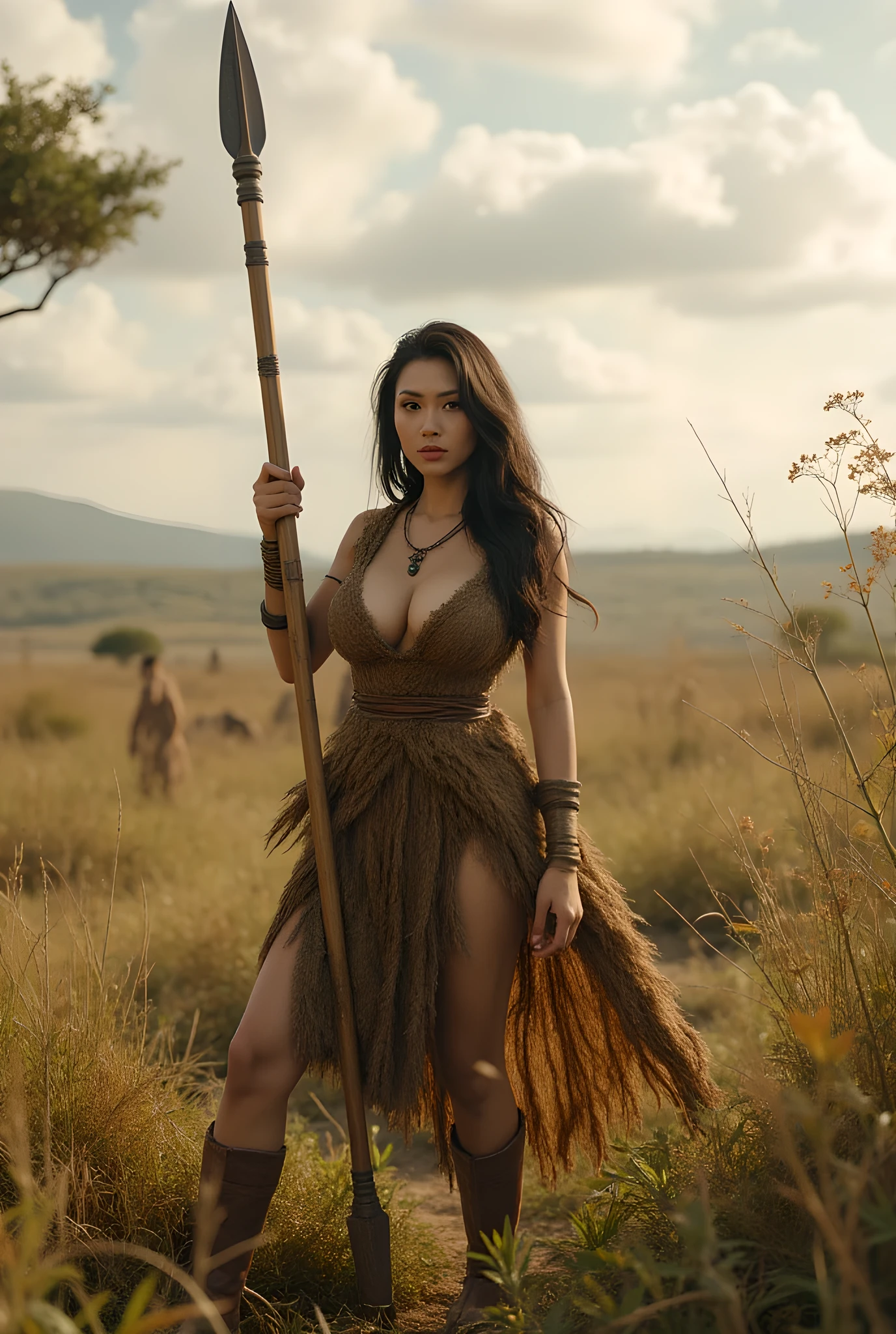 (Realistic intricately),(the Environmental ultrawide angle Scenery),((Ancient prehistoric era)),fighting body stance,((a female hunter tribe:symmetrical busty body shape:while she is holding and pulling out a single straight bamboo spear:1.3)),wearing fur and leaf fabric long tunic dress,((nature savana scenery on the background:1.3)),(hyperrealistic),(best Cinematography art vibe:best accurately depicted),(noise offset:best image crisp),best documentary photo,(balancing image composition),(octane 3d rendering|nikon:1.3),(ultra realistic lifelike texture),(best photography composition),(best image aperture),(full details depth of field),(dynamic shutter speed),(RAW photo image),(photorealistic|photorealism),(realistic depth 3d style:cgi:1.3),(trending on cgsociety:devianart),digital art,(realistic full body anatomy),