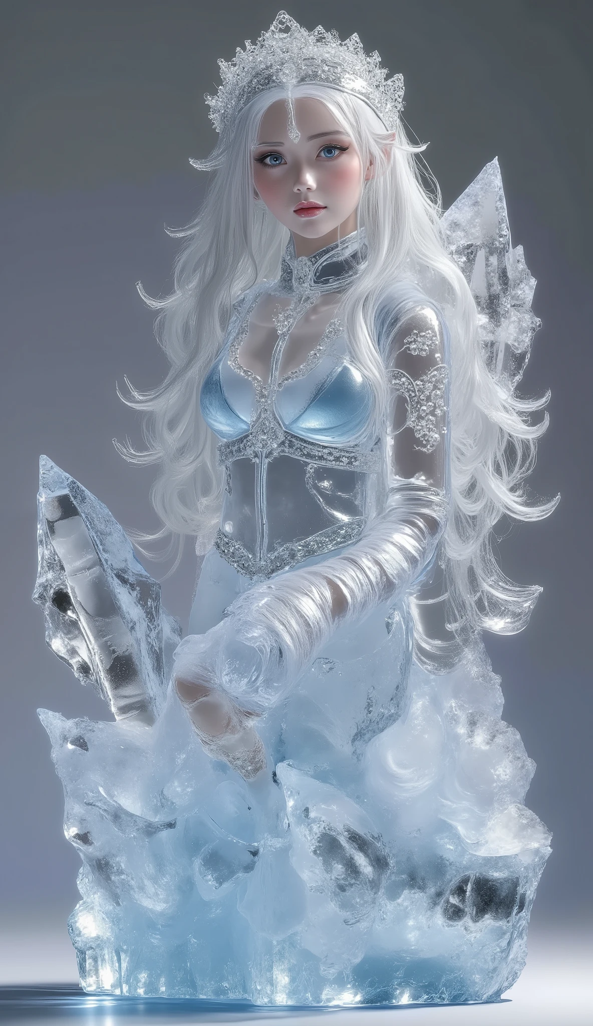 Beautiful young sexy pre-teen adolescent little daughter made by ice, light blue ice skin, wearing dress made by frozen ice, light blue opera gloves made by frozen ice, sit on big ice rock, in iced world, Sexy, Adorable, and Alluring cold and Young, gigantic breasts, ice around chest, covered chest by ice, hide chest by ice, ice as transparent glitter light blue crystals, tiara made by ice,