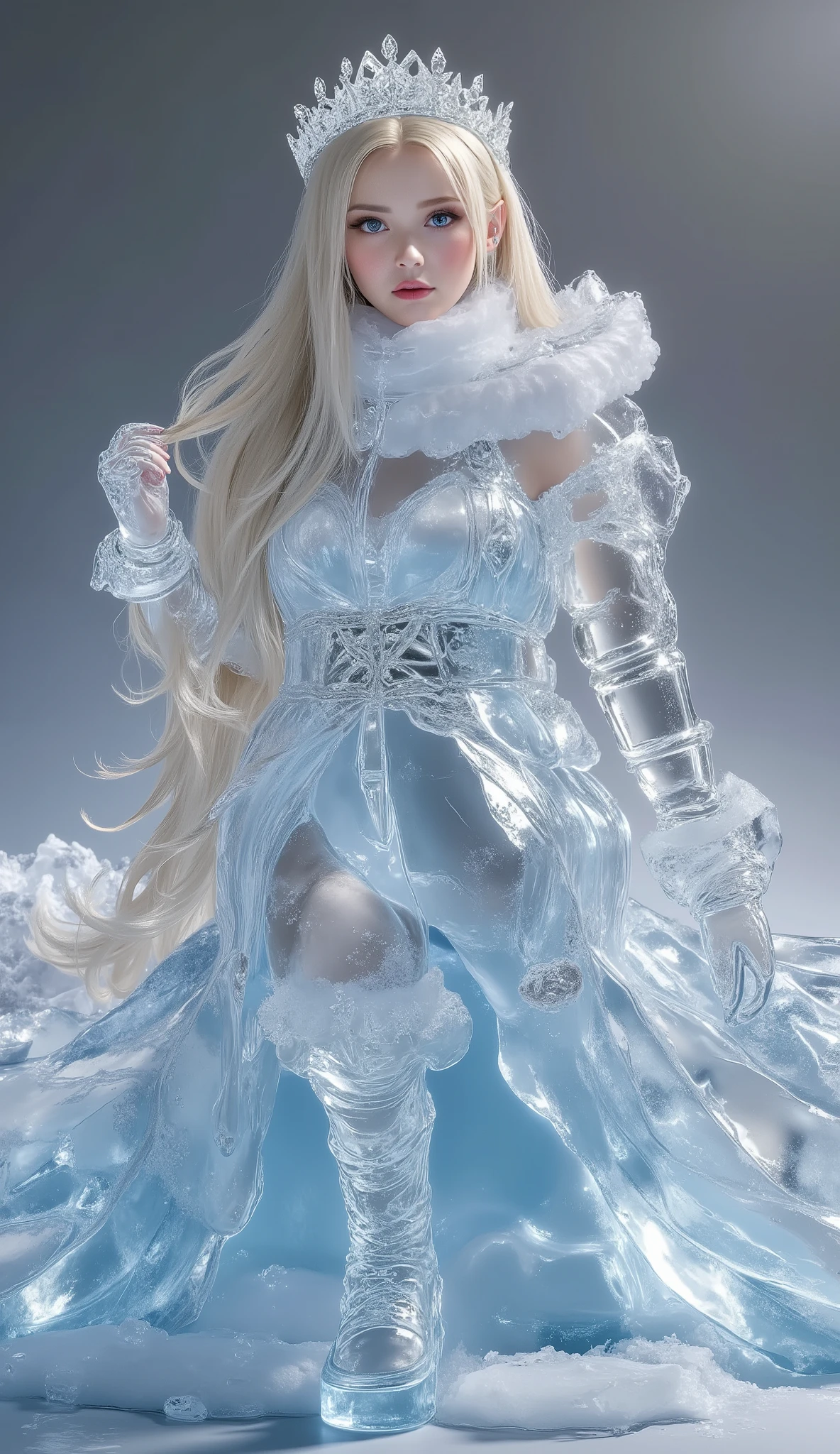 ice sculpture girl, Beautiful young sexy pre-teen adolescent little daughter made by ice, light blue ice skin, wearing dress made by frozen ice, light blue opera gloves made by frozen ice, sit on big ice rock, in iced world, Sexy, Adorable, and Alluring cold and Young, gigantic breasts, ice around chest, covered chest by ice, hide chest by ice, ice as transparent glitter light blue crystals, tiara made by ice,