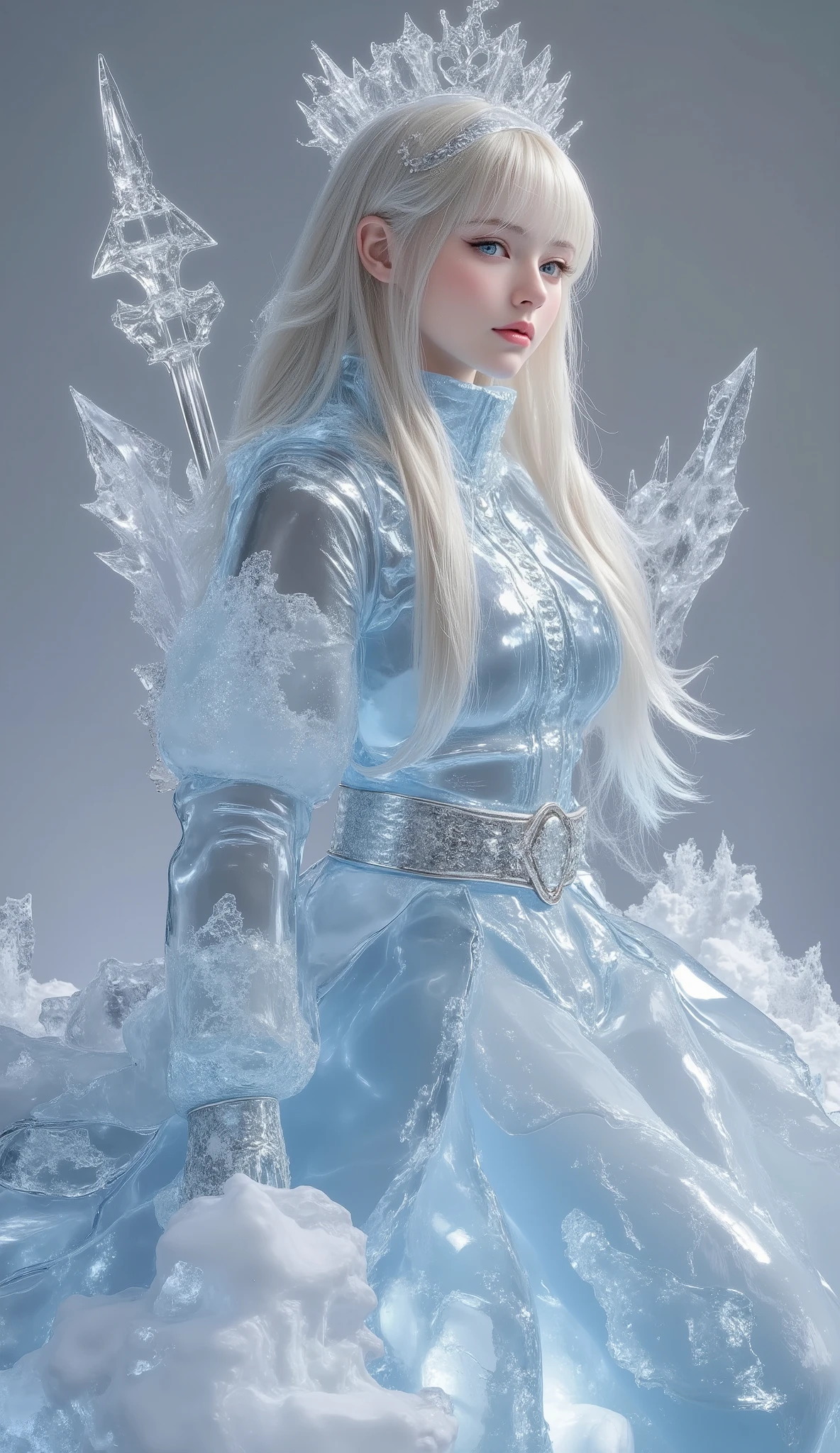 ice sculpture girl, Beautiful young sexy pre-teen adolescent little daughter made by ice, light blue ice skin, wearing dress made by frozen ice, light blue opera gloves made by frozen ice, sit on big ice rock, in iced world, Sexy, Adorable, and Alluring cold and Young, gigantic breasts, ice around chest, covered chest by ice, hide chest by ice, ice as transparent glitter light blue crystals, tiara made by ice, transparent iced full body, 
