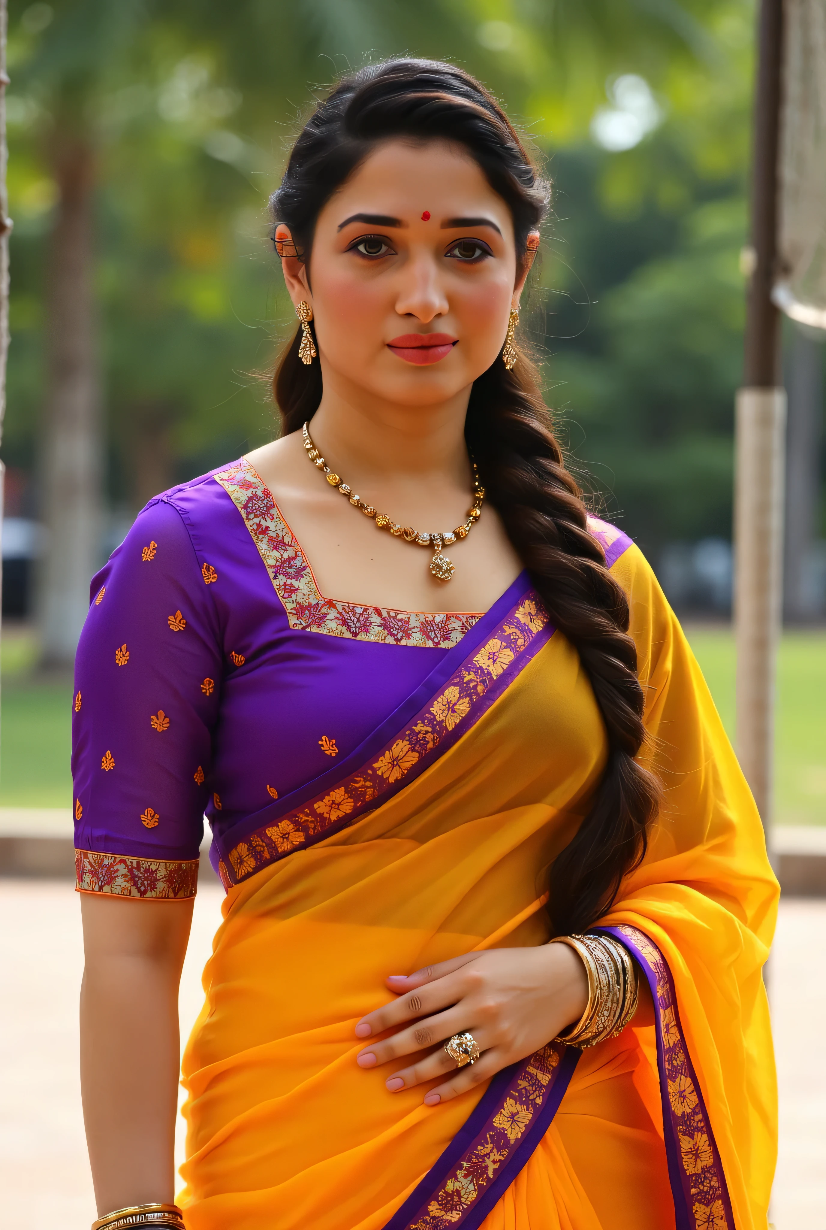Generate a sharp, photorealistic portrait photograph of Tamannaah, dressed in traditional attire, set in an outdoor environment with natural lighting suggesting daytime. The background should be slightly blurred to emphasize the subject in the foreground. Tamannaah is wearing a vibrant purple blouse with orange polka dots and a matching border. The blouse has a scooped neckline and short sleeves, accentuating her shoulders and arms. It is form-fitting, highlighting her slender waist and midsection, and is made of a lightweight, slightly sheer fabric.
She also wears a bright yellow skirt with a purple border that matches her blouse. The skirt is draped in a traditional style, wrapped around her waist and secured with pleats. The fabric has a rich, slight sheen, possibly silk or similar material.
Accessories include gold bangles on her wrists, a necklace with a pendant, and matching earrings, all adding to the traditional and elegant look.
Her waist and hips are fully visible, showcasing a slender and well-defined shape, accentuated by the draping of the skirt. The blouse flatters her large breasts, providing a balanced look.
Her hair is styled in a long braid falling over her shoulder, and her makeup is subtle, enhancing her natural features with a focus on her eyes and lips.
The natural lighting illuminates her figure, casting soft shadows that add depth, highlighting the rich colors of her outfit and the gold accessories.
The overall mood is one of grace, tradition, and femininity, with a culturally rich atmosphere.
The image should be captured from a Dutch angle, giving a slight tilt to the frame for a dynamic effect, and should be a portrait that focuses on Tamannaah from head to toe, with some inclusion of the outdoor background.
Ensure the skin texture is pixel-perfect, and the fabrics are rendered with high detail and realism.
Include 'tamanna' in the prompt to trigger the specific LoRA for Tamannaah.