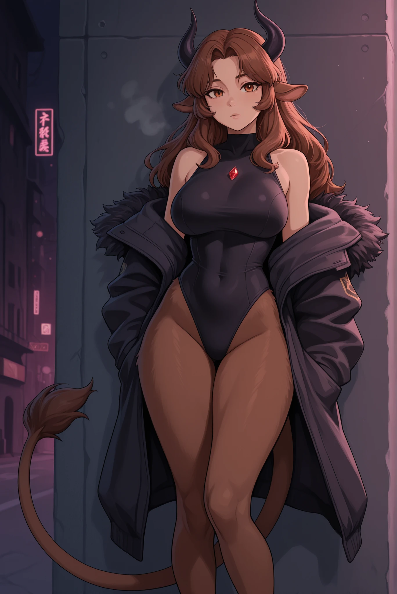 The Holstaur maiden is a short, solidly built young woman, standing only about five feet tall. Her body is covered in a soft coat of fur, cream as its base and broken by bold black patches along her shoulders, , and thighs. It’s sleek and natural to her form, catching the light as she moves. Her chestnut-brown hair falls in loose, shoulder-length strands, framing a mature face set with wide hazel eyes. From her temples curve a pair of short, polished dark horns, while her large cow-like ears, furred white with black tips, flick with every sound. A long tail sways behind her, ending in a tuft of darker brown fur. Though compact, her frame is distinctly adult — muscular where it needs to be, rounded where it softens her strength, her presence unmistakably that of a grown woman.
For the scene: she stands in the dim glow of an industrial street, neon signs buzzing overhead and steam rising from the vents beneath her feet. The crimson light from the signage traces across her fur, highlighting every patch and curve. Her tail swishes once as she leans against a cold wall of steel, horns catching the faint reflection of the city lights. Around her the air hums with energy, but she remains steady, a figure of warmth and solidity against the stark, urban backdrop.