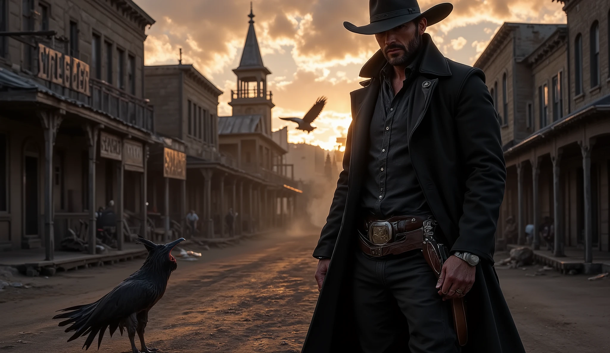 Ultra-realistic cinematic scene in 16:9 format, wide-angle shot. A lone cowboy with a long black coat and weathered hat stands at the edge of a dusty street in a ghost town at sunset. His silhouette is framed by the golden-red sky behind him. His hand hovers above a worn revolver, tension in his posture. Broken saloon signs, empty buildings, and distant smoke hint at chaos. In the far background, a buzzard flies low over a church steeple. The atmosphere is heavy, dramatic, and silent — no text, pure storytelling through light, shadow, and mood. Style: gritty realism, cinematic lighting, western noir, dramatic composition.
