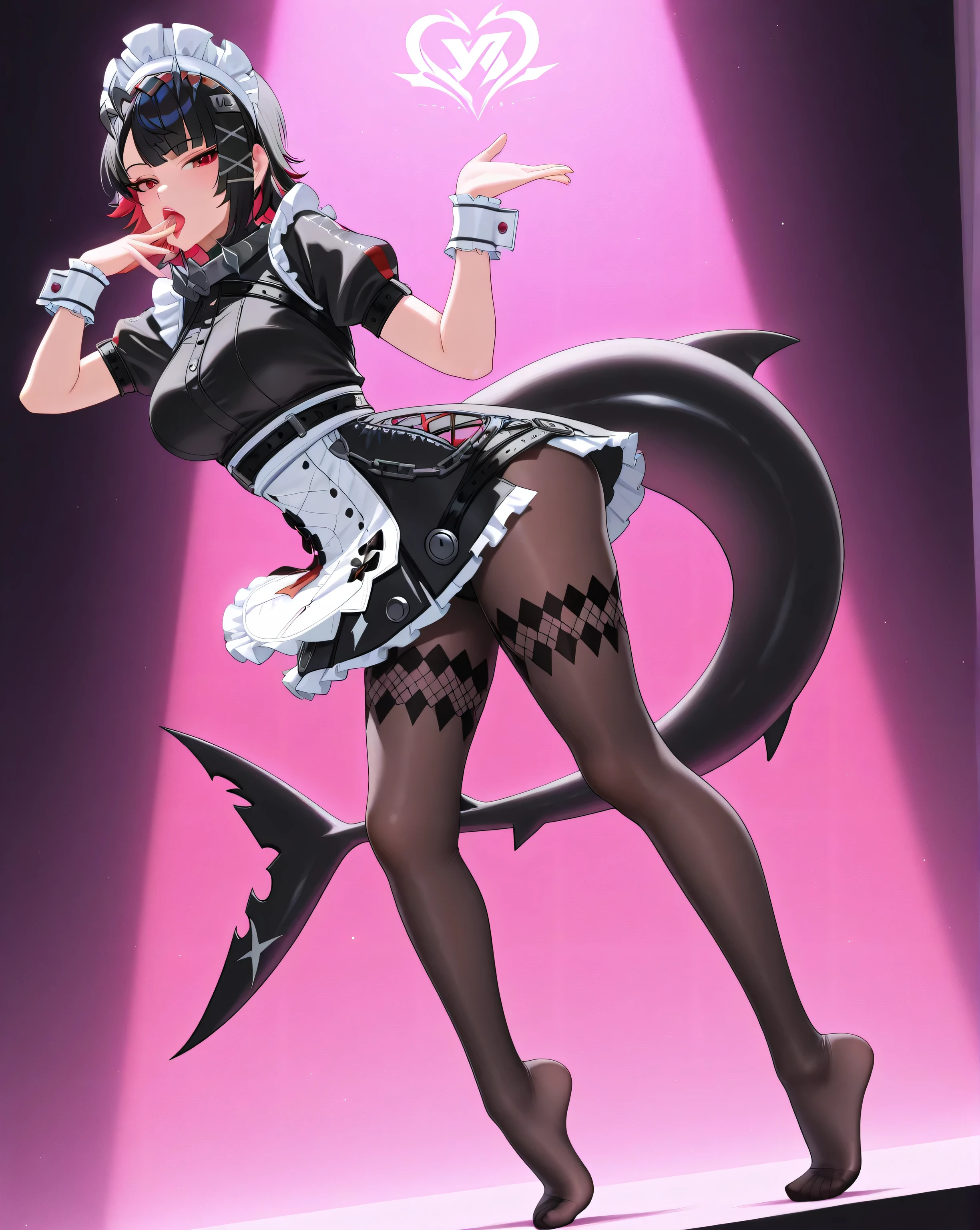 feet licking, (pose:1.0, playboy pose, dynamic pose, adult Ellen Joe:1.0, Ellen Joe Outfit:1.0, dynamic skirt:1.0, transparent Ellen Joe pantyhose:1.0, shark tail, big mouth:4.0, big lips:4.0,  eyes:4.0, detailed face, detailed mouth, small waist:1.0, wide :1.0),  black hair, Ellen Joe headdress, red irises, alone, (masterpiece, detailed face, perfect hands, perfect eyes),  elegant dynamic lighting, 