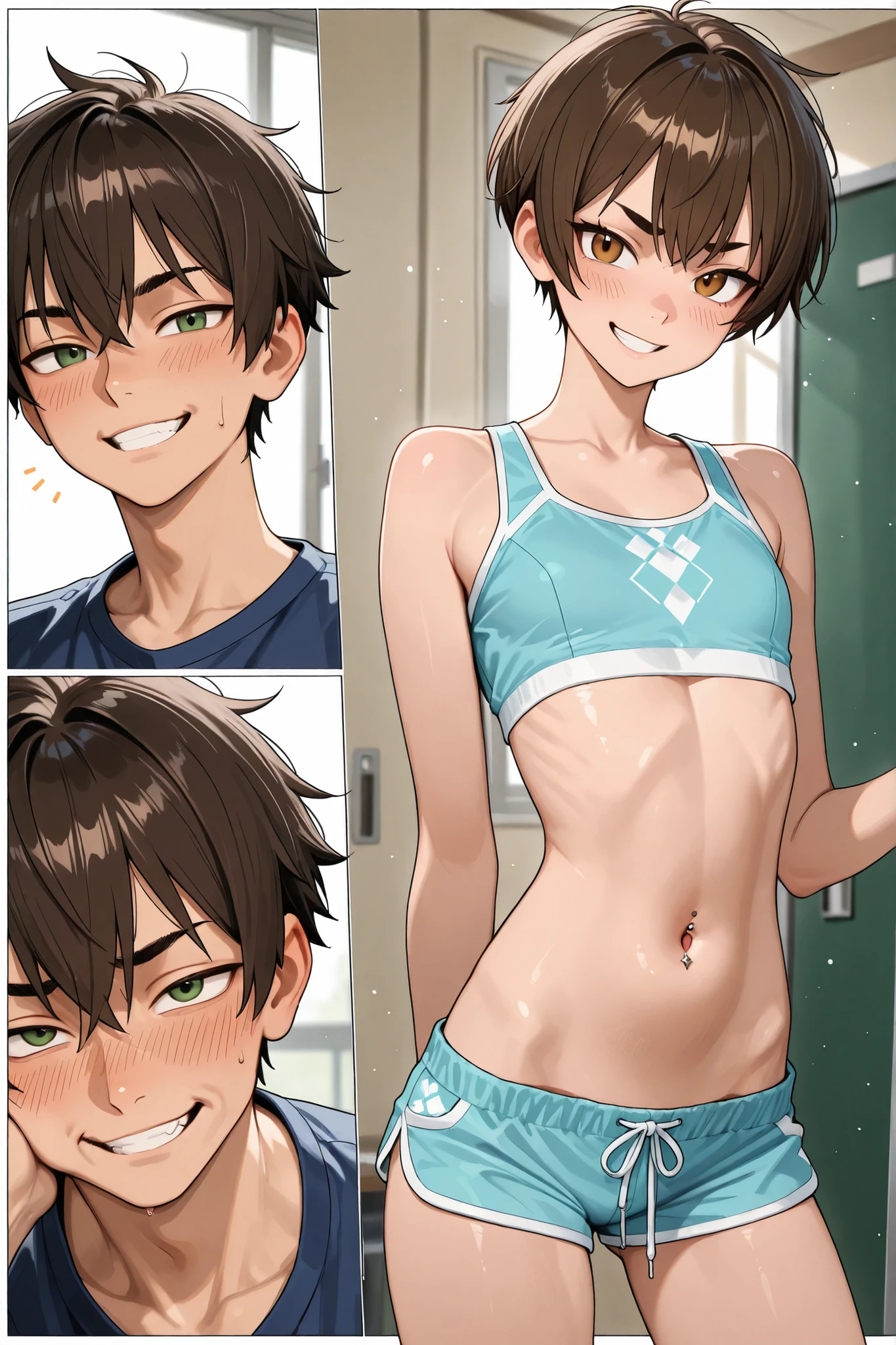 Anime style, At the school background, very nasty tomboy pretending to be ugly tomboy , legs and stomach, cool face, very tomboy, Felix Argyle is very nasty, looks like ugly tomboy?, 4k xd, he stand,  skinny, have ,, very disgusting face, shows me stomach , brown hair , very short crew haircut, very teen body , he pretending to be ugly tomboy  , have very boy body , very boyish features faces, he’s face very close to view, male whines, face very round and boyish features, face is very ugly, brown eyes, very disgusting face, it’s a girl ????, belly button, she cosplaying to be a tomboy, she want to be like a real boy, 100% looks like a tomboy, she is very ugly girl, mischievous grin, very pronounced male cheekbones, tomboy very very pretending to be like a boy, pretending to be a boy 100%, very male, very masculine, green eyes, he is very sexy, sexy body, , stomach piercing, he is very very cool, very cool male clothes, cool shorts, stomach and face very close, zoom stomach and face