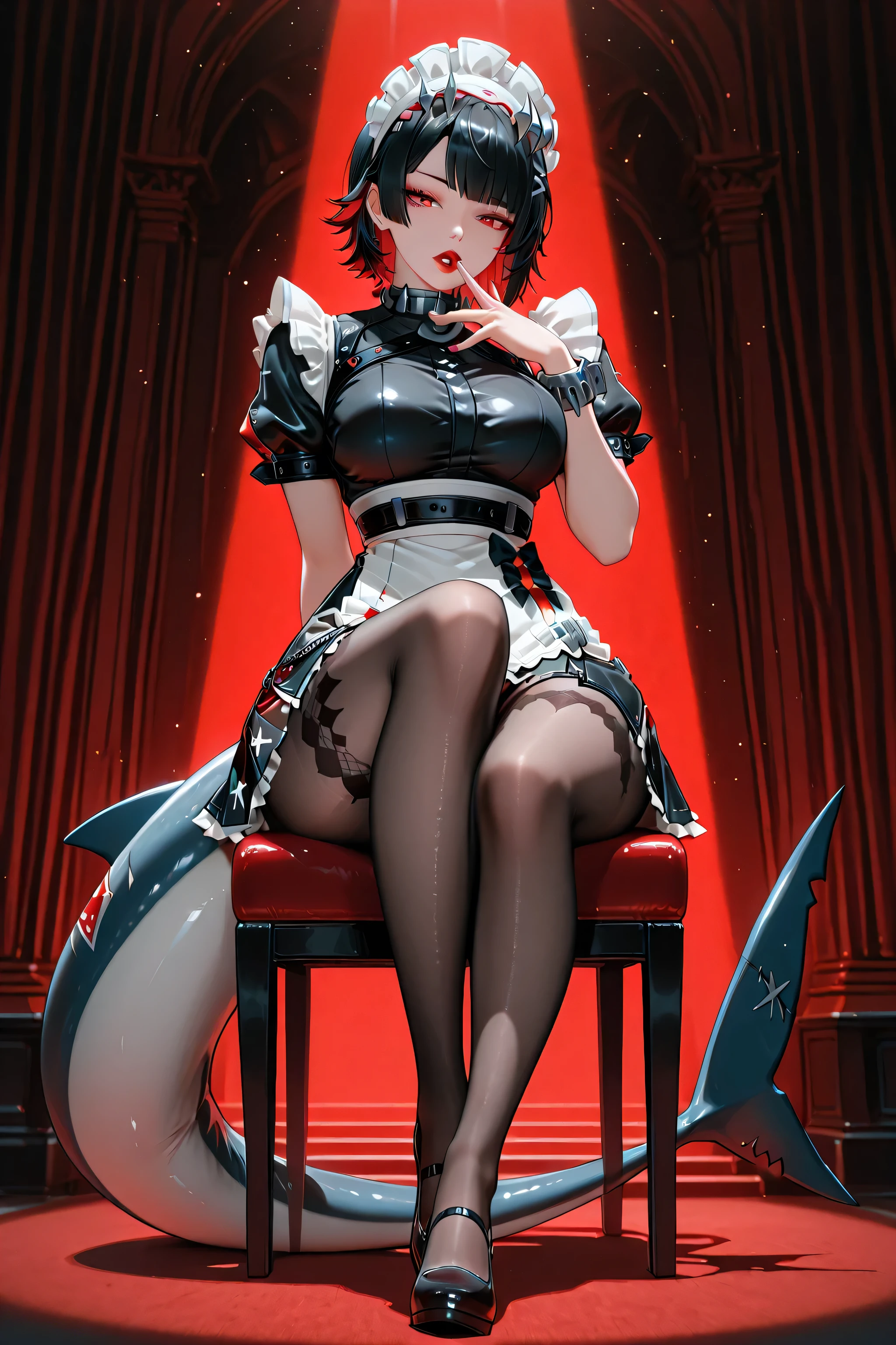 ( pose:1.0, dynamic pose, adult Ellen Joe:1.0, Ellen Joe Outfit:1.0, dynamic skirt:1.0, transparent Ellen Joe pantyhose:1.0, shark tail, big mouth:4.0, big lips:4.0,  eyes:4.0, detailed face, detailed mouth, small waist:1.0, wide :1.0),  black hair, Ellen Joe headdress, red irises, alone, (masterpiece, detailed face, perfect hands, perfect eyes), red  elegant dynamic lighting, 