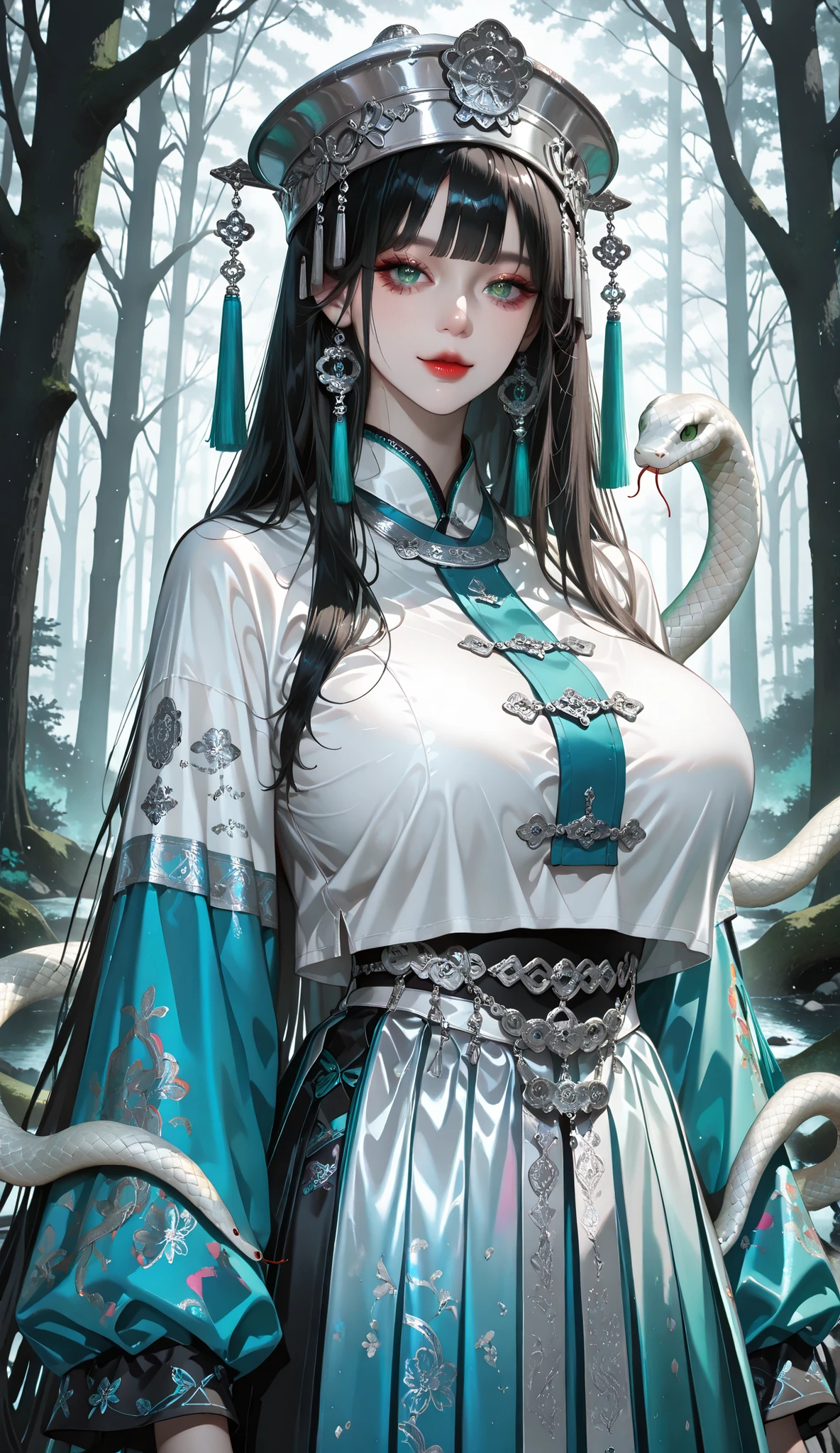 masterpiece, best quality, vibrant, very aesthetic, high contrast, (photorealistic), newest, koreanai, best_quality, finely_detailed_eyes_and_detailed_face, (1 woman), beautiful, pretty, , green_eyes, (:1.3), (skinny),(tall), BREAK, miaofashion, miao_hat, silver_hat, silver_accessories, long_sleeves, miao_clothes, miao_top, blue_top, blue_clothes, miao accessories,colorful_skirt, long_skirt, snake, BREAK, slightly_smile, BREAK, forest, BREAK,(cowboy_shot), looking_at_viewer, (black_hair, black_hair)