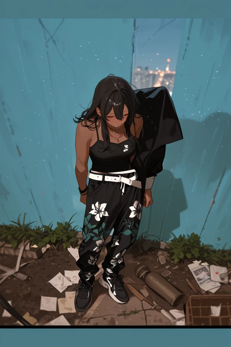 skin black, long hair with waves