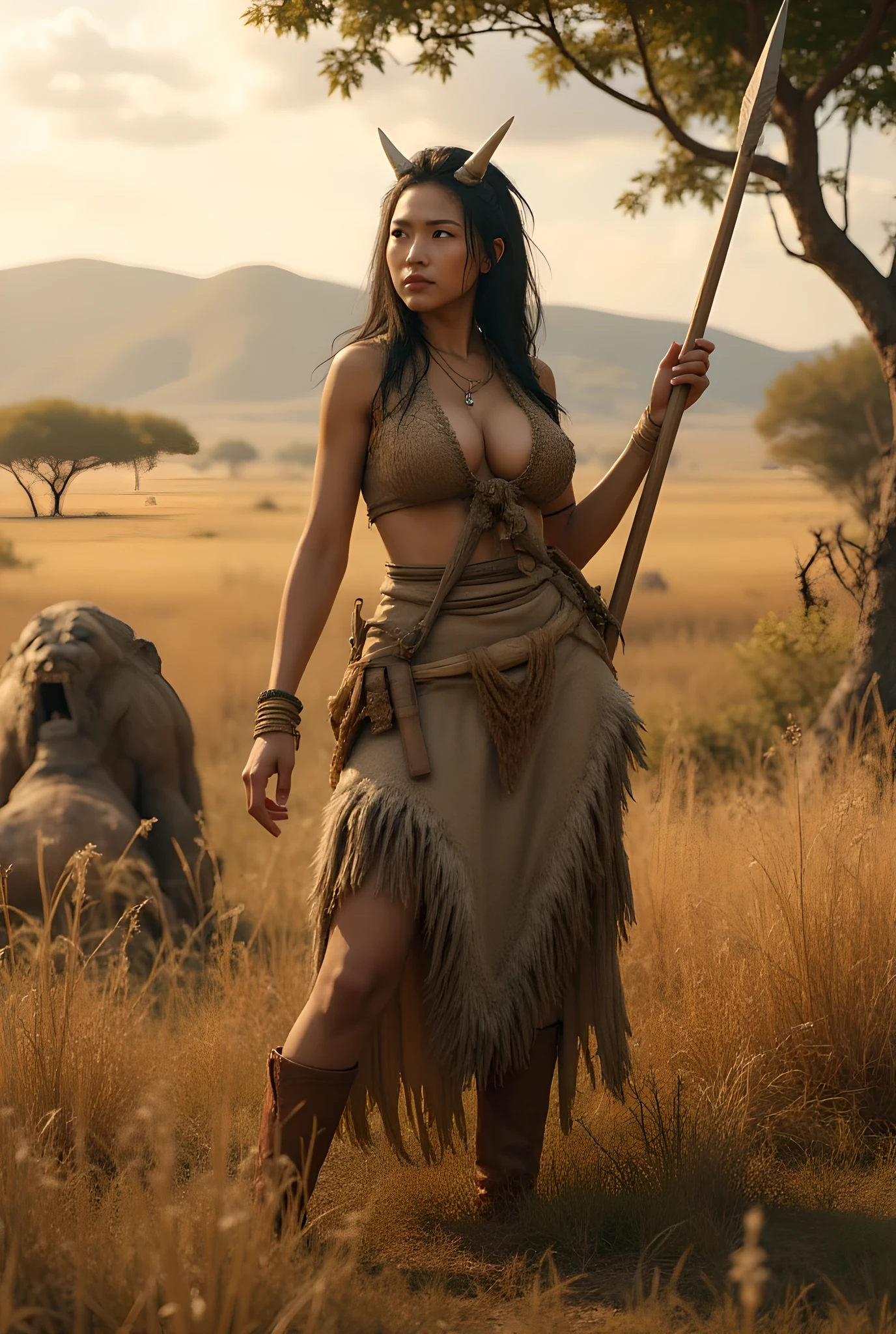 Ancient prehistoric age era,
Ancient prehistoric age era,
((Realistic cinematography ultra wide depth intricately savana nature angle of scenery)),a female spear,((a primitive female hunter)),wearing fully long fur primitively fabric kimono fur long tunic dress,hunting,as she is aiming, holding and pulling a straight bamboo spear,,(perfectly depth symmetrical curvy shapely),(cinematic dynamically wide camera angle scenery:accurately depicted:1.3),the lively prehistoric savana depicting scenery,golden hour,realistically full depth,(cinematography dynamic angle|hyperrealistic:realistic scenery:3d texture over the scenery),as she is aimed a spear,wide battle stance depicting,summer season,(cinematography vibe),,(dynamic image composition),(octane 3d rendering|50mm lens shot:1.3),(lifelike skin texture:lifelike thick hairs:bone hair ornaments),(best rule of third photography composition),(best image aperture),(full details depth of field),(best shutter speed),(RAW photo image),(photorealistic|photorealism:hyperrealism style),(realistic depth 3d:cgi:1.3),(trending on cgsociety:devianart:unreal engine 5),furry,(best photography:national Geographic style), fantasyPunkAi and tikiPunkAi artwork, digital art,best lighting concept,(realistic fixed truly fully human anatomy body+hands+and+fingers anatomical),inspired by farcry5 game artwork.