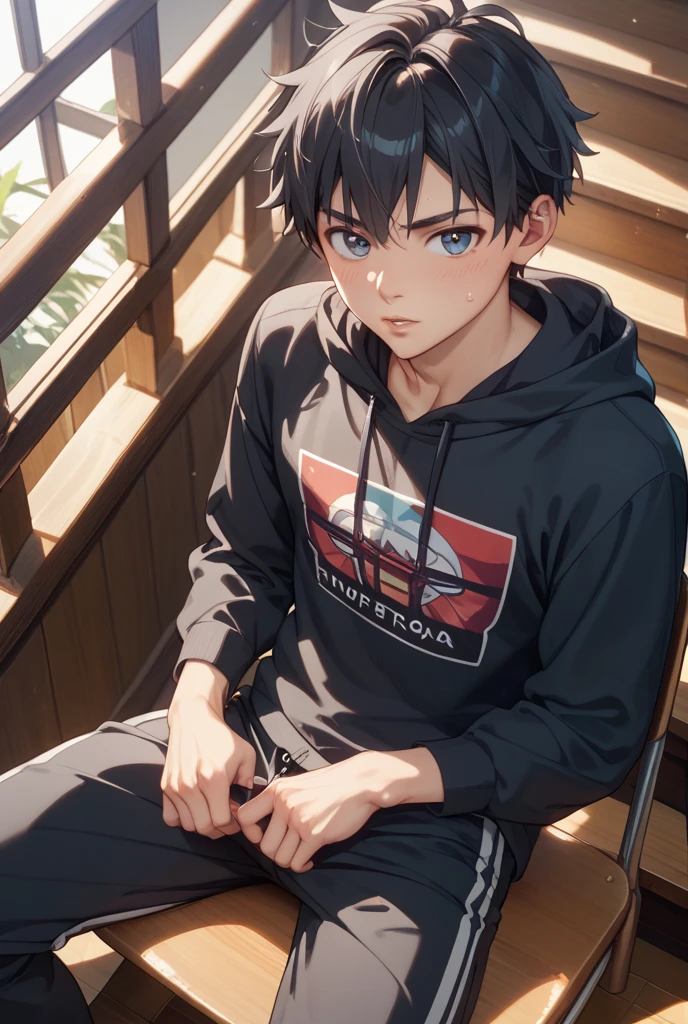 1 male, best quality, black hair, black eyes, black hoodie, black jeans, sitting on grass blocks, minecraft background 