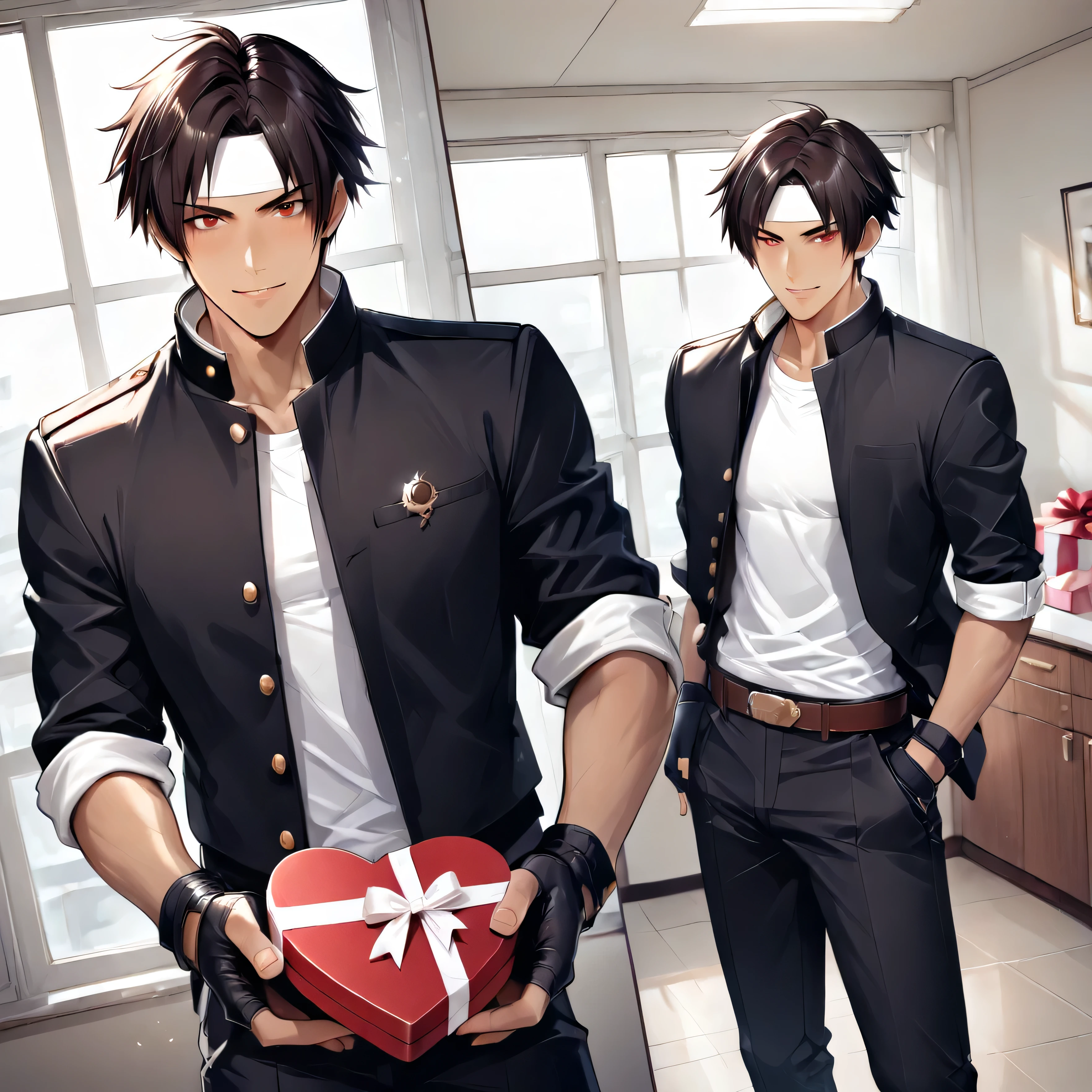 Masterpiece, Top Quality, Excellent Quality, Masterpiece, Top Quality,1 male, solo, gift box, gakuran, holding gift, heart shaped box, tomboy, looking at viewer, blushing, smiling, short hair, bangs, shirt, dark hair, red eyes, gloves, hand holding, uniform, standing, jacket, open jacket, white t-shirt, heart, (white headband), Open Clothing, Shoes, Black Gloves, Brown Belt, Pants, Indoors, Dark Skin, Fingerless Gloves, Open Jacket, Dark Skin Man, Black Jacket, Multi View, Black Pants, Box, Gift, Sleeve Roll Up, White Hair Band, White Day, Gift Coming In