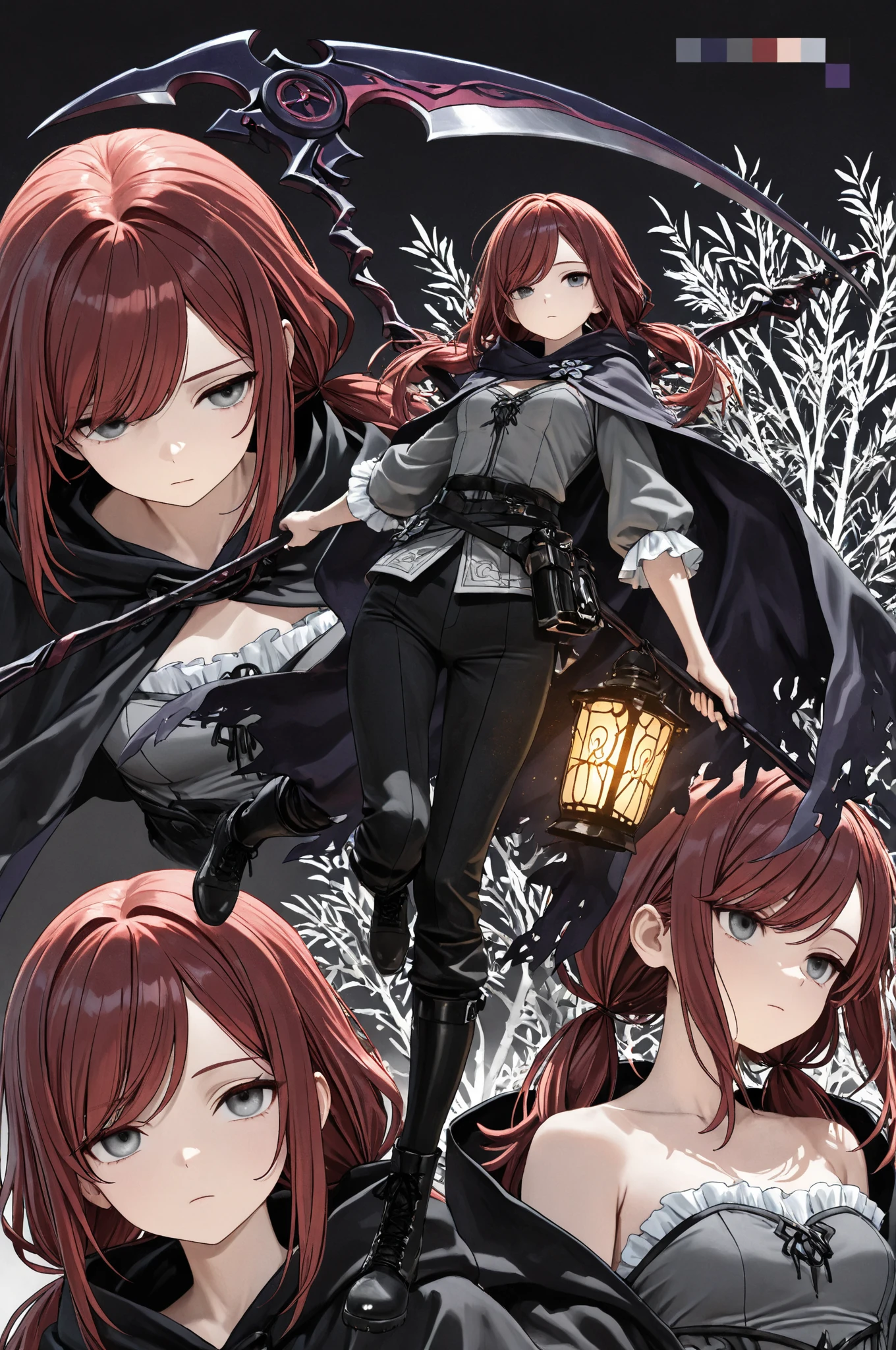 (masterpiece:1.2, Best Quality), (finely detailed beautiful eye: 1.2), (beautiful detailed face, good_hands),  expressionless, different poses, lifeless eyes, tired, upper body, portrait, action pose, holding scythe, black scythe, scythe with dark purple edge, dynamic angle, dark red hair,swept bangs, low twin tails, gray eyes, strapless gray shirt, white frill trim, black trousers, black combat boots, tattered black cloak, willow tree branches, dark background, lantern, small , thin, (color guide:1.2), (multiple views), (full body), dynamic pose,dramatic composition with ink splatter effects, manga style with explosive effect,dramatic lighting, dark purple splash effect,