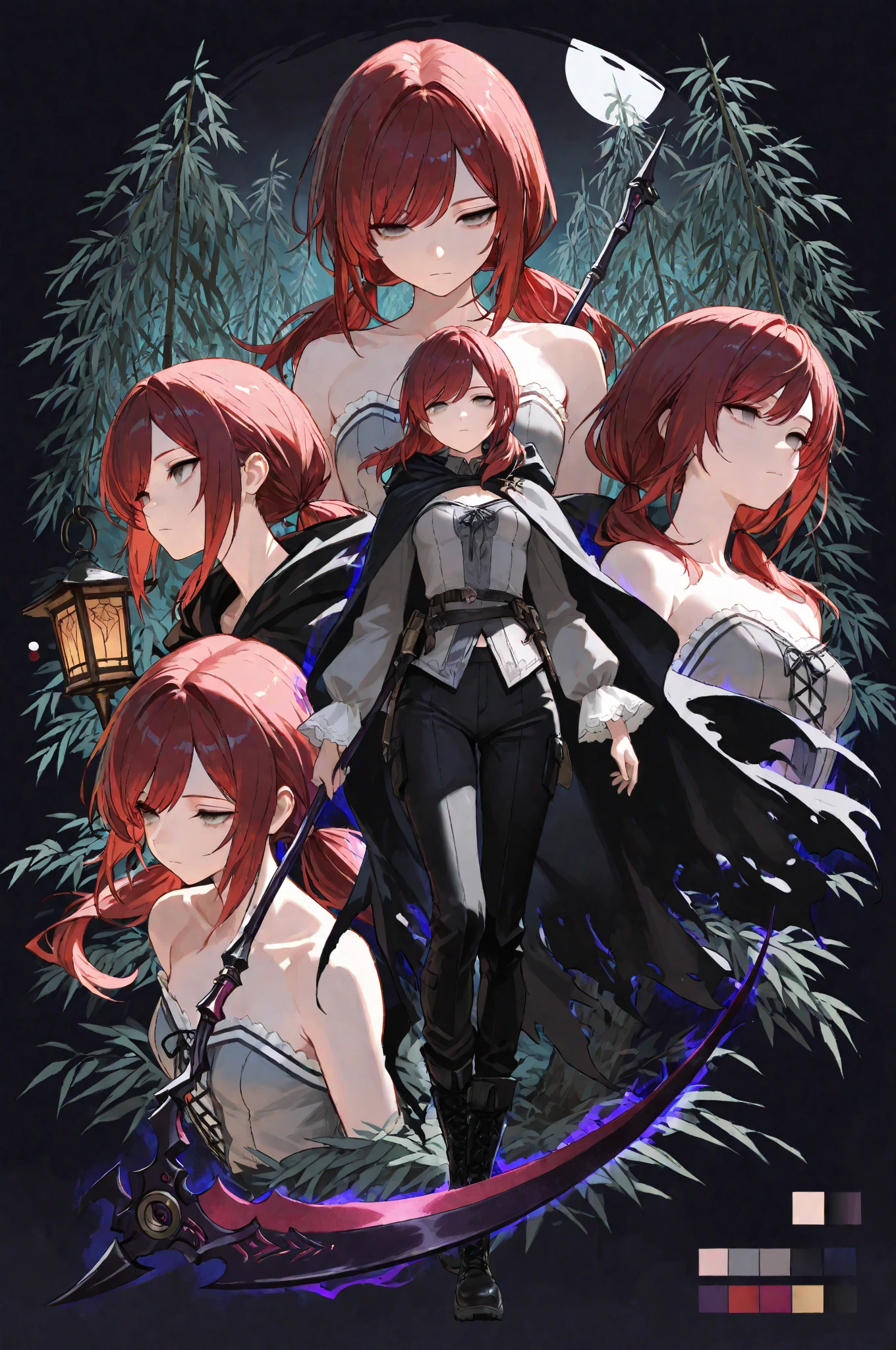 (masterpiece:1.2, Best Quality), (finely detailed beautiful eye: 1.2), (beautiful detailed face, good_hands),  expressionless, different poses, lifeless eyes, tired, upper body, portrait, action pose, holding scythe, black scythe, scythe with dark purple edge, dynamic angle, dark red hair,swept bangs, low twin tails, gray eyes, strapless gray shirt, white frill trim, black trousers, black combat boots, tattered black cloak, willow tree branches, dark background, lantern, small , thin, (color guide:1.2), (multiple views), (full body), dynamic pose,dramatic composition with ink splatter effects, manga style with explosive effect,dramatic lighting, dark purple splash effect,