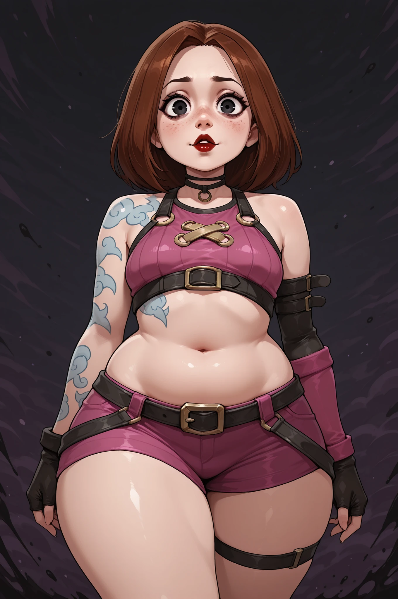 Meg Griffin. brown hair. medium hair . black eyes . small breasts, huge hips . chubby. choker. red lips. | , shoulder tattoo, jinx (league of legends), clothing cutout, freckles, beautiful eyes, detailed face, looking at viewer, dynamic composition, yandere expression, dynamic pose, anime style, anime, pastel, no lineart, flat color, ink art,
