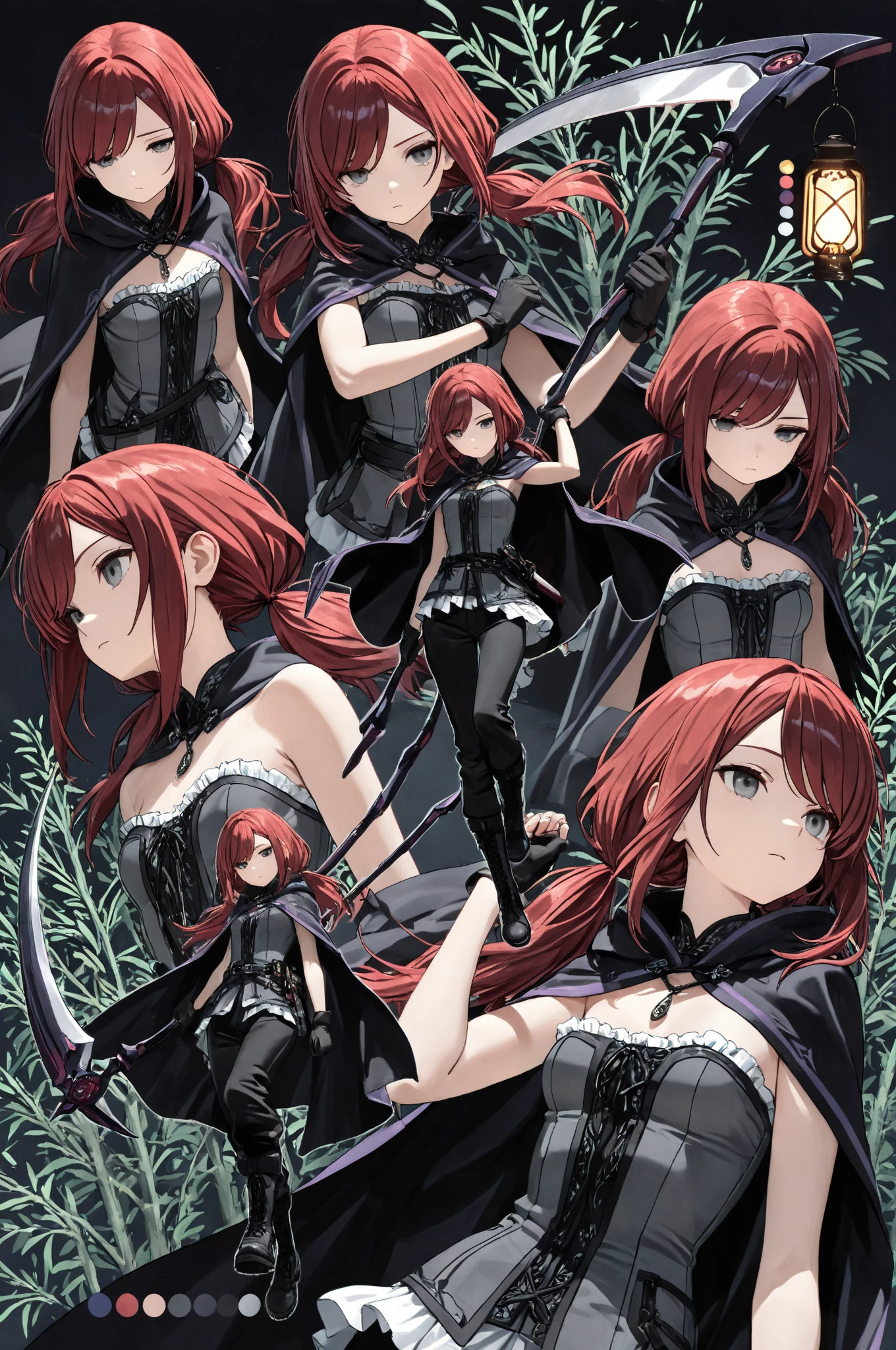 (masterpiece:1.2, Best Quality), (finely detailed beautiful eye: 1.2), (beautiful detailed face, good_hands),  expressionless, different poses, lifeless eyes, tired, upper body, portrait, action pose, holding scythe, black scythe, scythe with dark purple edge, dynamic angle, dark red hair,swept bangs, low twin tails, gray eyes, strapless gray shirt, white frill trim, black trousers, black combat boots, tattered black cloak, willow tree branches, dark background, lantern, small , thin, (color guide:1.2), (multiple views), (full body), dynamic pose,dramatic composition with ink splatter effects, manga style with explosive effect,dramatic lighting, dark purple splash effect,