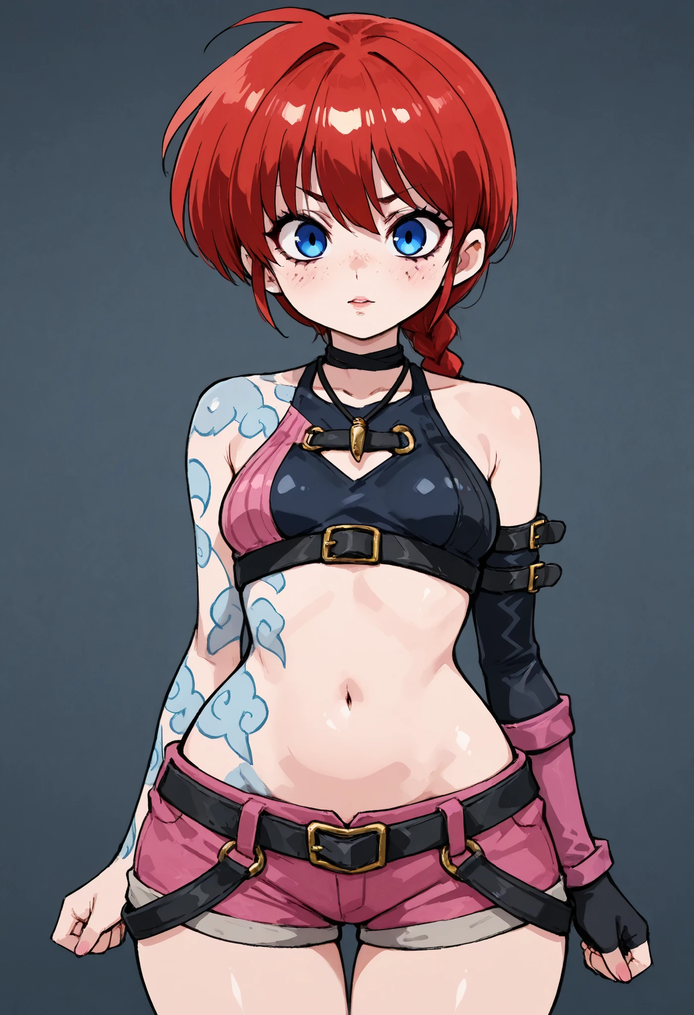 Ranma Saotome. red hair. blue eyes. braid. small breasts. wide hips. necklace. black eyeliner. pink manicure. | shoulder tattoo, jinx (league of legends), clothing cutout, freckles, beautiful eyes, detailed face, looking at viewer, dynamic composition, yandere expression, dynamic pose, anime style, anime, pastel, no lineart, flat color, ink art,