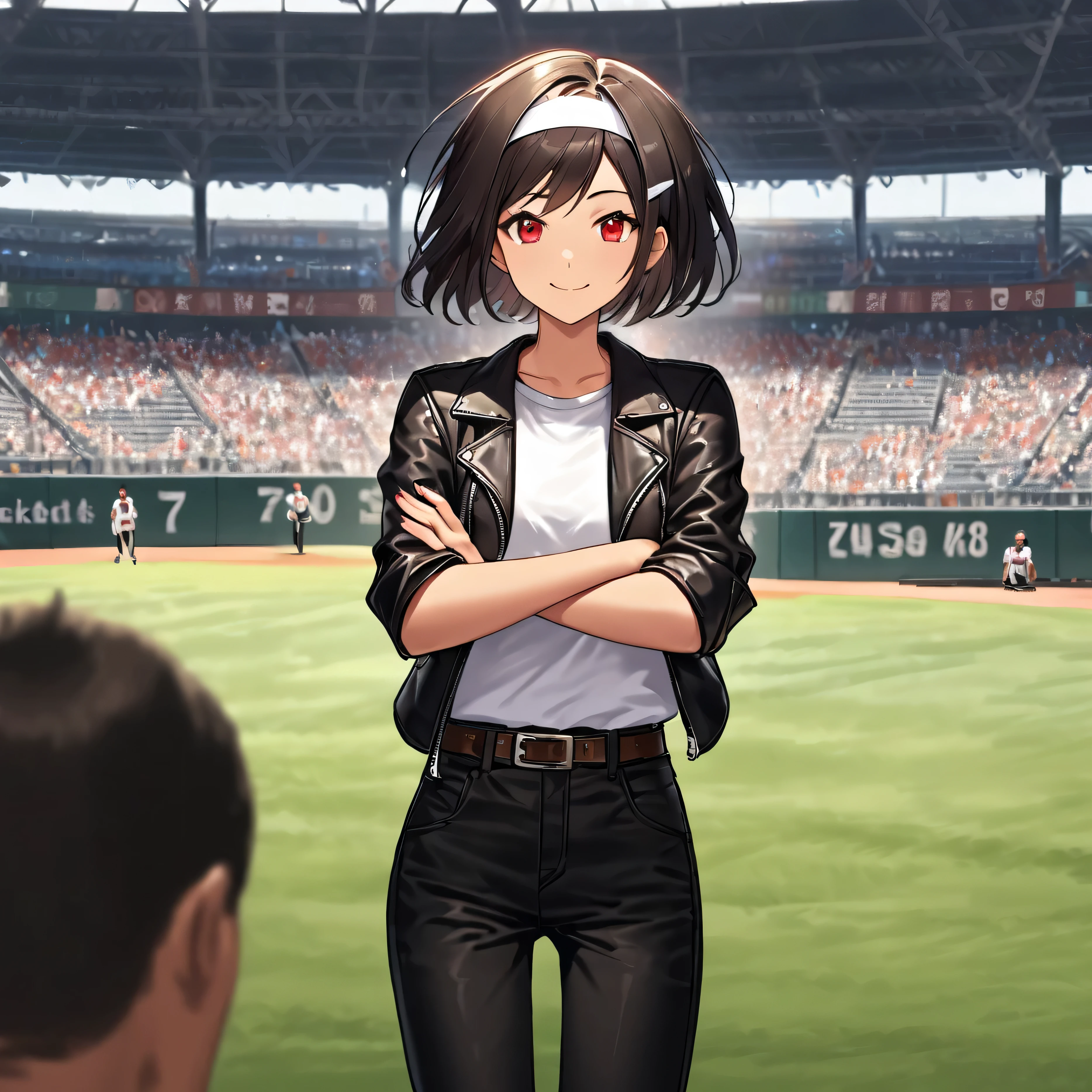 Young Asian woman standing in front of a baseball stadium. Black hair, short hair, red eyes, brown skin, ((black leather jacket with rolled up arms)), white T-shirt, ((white headband)), black long pants, brown belt, white shoes. She wears a small white hair clip in her hair and smiles for the camera. Behind her are people sitting in the stands watching the game. The field is covered with green grass and there are large screens and advertisements on the walls. This image appears to have been taken at a sporting event.