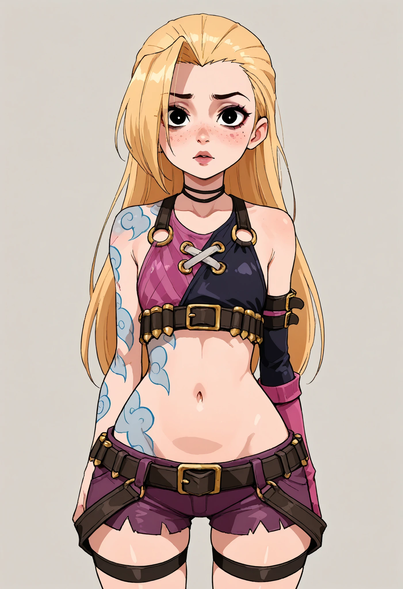 Pacifica Northwest, flat breasts, flat chest, skinny, huge hips, long hair, black eyes, blonde hair, choker , | shoulder tattoo, jinx (league of legends), clothing cutout, freckles, beautiful eyes, detailed face, looking at viewer, dynamic composition, yandere expression, dynamic pose, anime style, anime, pastel, no lineart, flat color, ink art,
