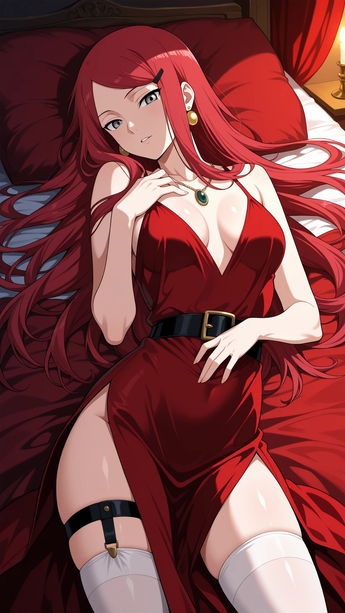 BREAK (masterpiece:1.2), Luxurious erotic room, deep red and crimson velvet curtains, dim candlelight glowing softly, large bed with silk sheets and canopy, golden mirrors reflecting sensual atmosphere, soft shadows, romantic decadent vibe, cinematic composition, ultra-detailed interior, 8K masterpiece digital painting.no people, kushina, long hair, hair ornament, red hair, hairclip, grey eyes, swept bangs, medium breasts,sexy red dress,long dress,black belt,jawerly,earrings,necklace,side slit,leg strap,,looking at viewer,cowboy shot,wide-angel,seductive expression,seductive pose,floating hair,white thighhighs,leg strap,lying on her stomach, hips slightly raised, arched back, seductive look over shoulder, smooth skin, detailed body curves, soft warm light, intimate atmosphere, ultra detailed, 4k,from above,horny,