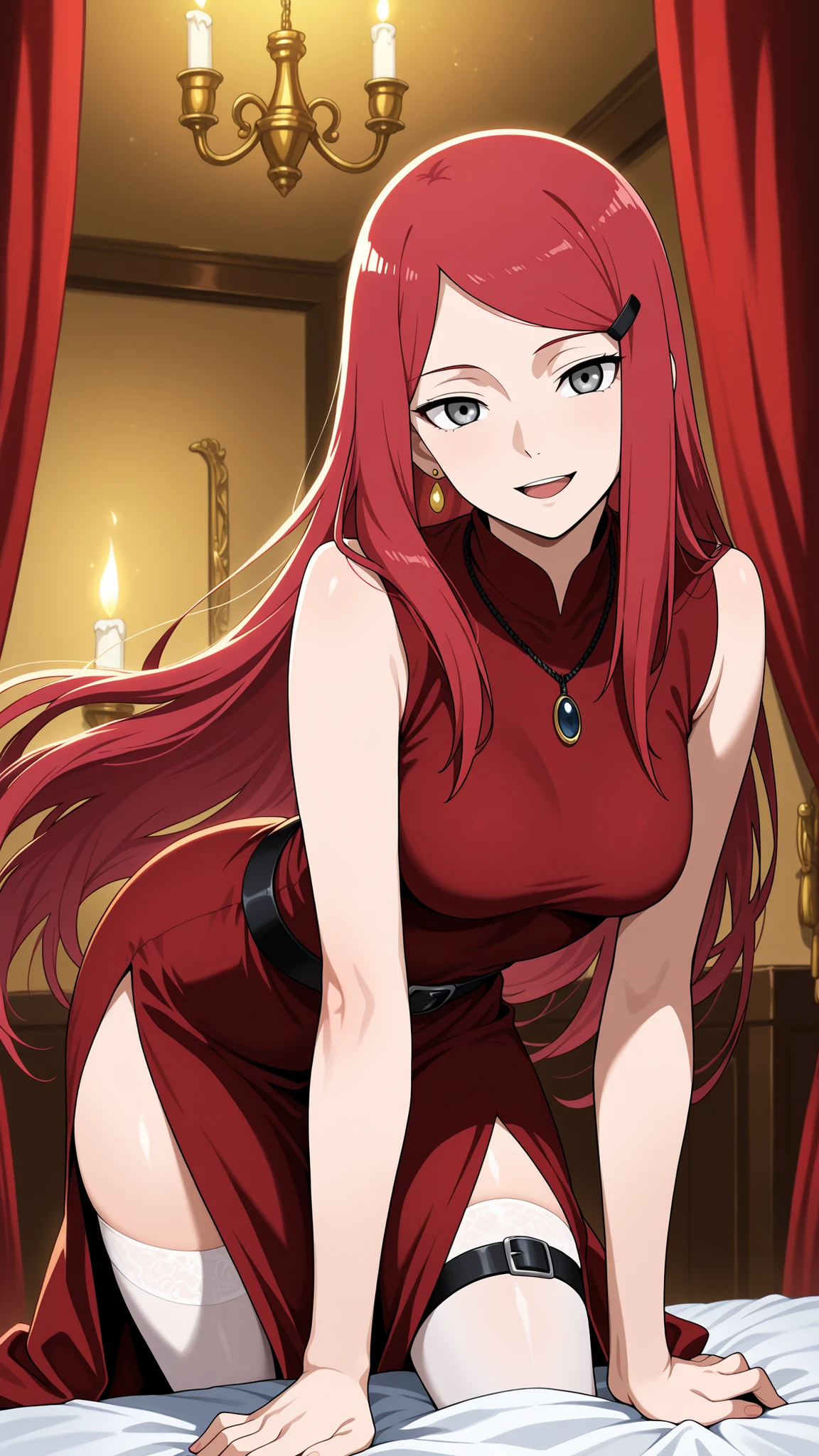BREAK (masterpiece:1.2), Luxurious erotic room, deep red and crimson velvet curtains, dim candlelight glowing softly, large bed with silk sheets and canopy, golden mirrors reflecting sensual atmosphere, soft shadows, romantic decadent vibe, cinematic composition, ultra-detailed interior, 8K masterpiece digital painting.no people, kushina, long hair, hair ornament, red hair, hairclip, grey eyes, swept bangs, medium breasts,sexy red dress,long dress,black belt,jawerly,earrings,necklace,side slit,leg strap,,looking at viewer,cowboy shot,wide-angel,seductive expression,seductive pose,floating hair,white thighhighs,leg strap,bent over,smile,open mouth