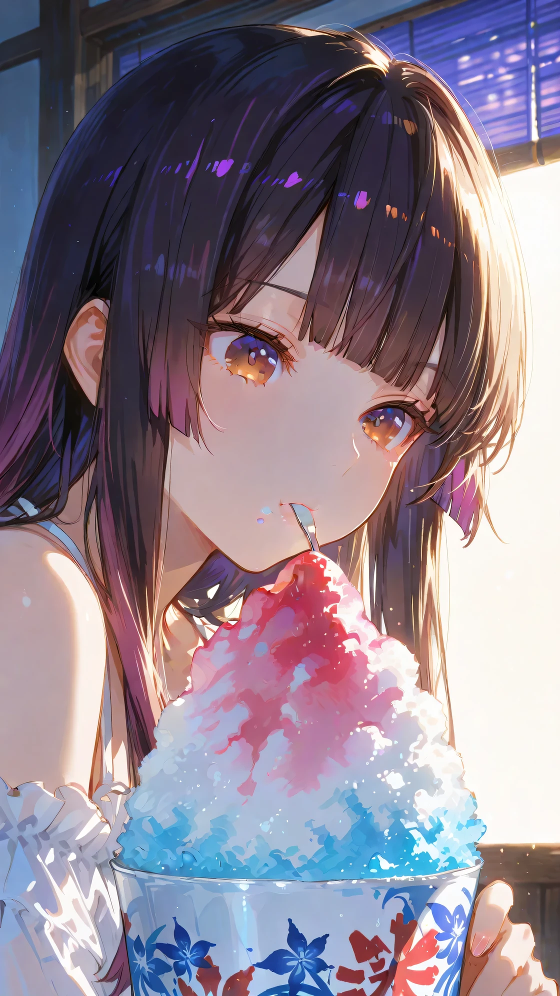 Solo one girl, (maroon eyes), (black long hair), (purple gradient highlights), (hime cut bangs), blunt ends, hime cut sidelocks, expressionless, moon light, bright room,
bare shoulders, (white jumper), eating a large serving of shaved ice,
masterpiece, best quality, anime artwork, very beautiful face, (detailed eyes), perfect eyes, high res, detailed background, super fine illustration, depth of field, intricate details, sophisticated look, beautiful attention to detail, very aesthetic, rich lighting, HDR, dynamic lighting, backlight, glowing