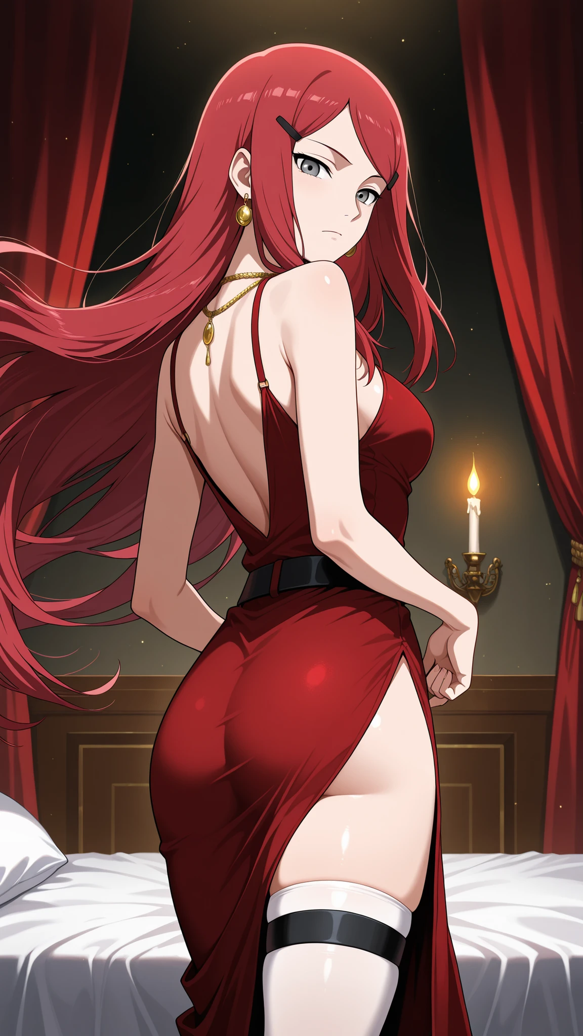 BREAK (masterpiece:1.2), Luxurious erotic room, deep red and crimson velvet curtains, dim candlelight glowing softly, large bed with silk sheets and canopy, golden mirrors reflecting sensual atmosphere, soft shadows, romantic decadent vibe, cinematic composition, ultra-detailed interior, 8K masterpiece digital painting.no people, kushina, long hair, hair ornament, red hair, hairclip, grey eyes, swept bangs, medium breasts,sexy red dress,long dress,black belt,jawerly,earrings,necklace,side slit,leg strap,,looking at viewer,cowboy shot,wide-angel,seductive expression,seductive pose,floating hair,white thighhighs,leg strap,from behind,back photo,serious face